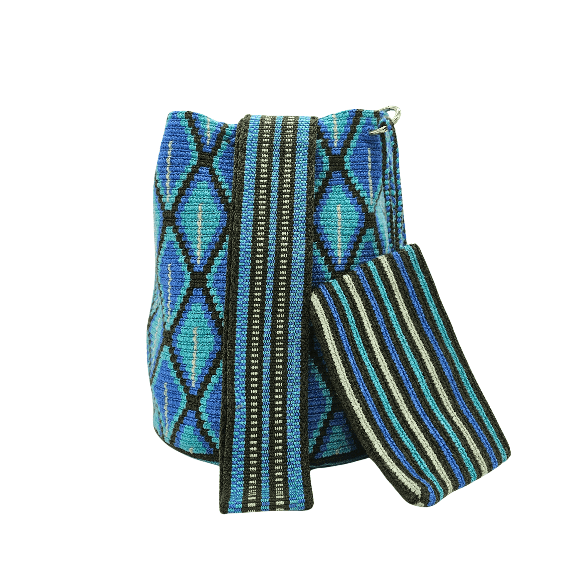 Handwoven Wayuu mochila bag in blue and black with a geometric pattern, braided drawstrings, and tassels. Ethically crafted in Colombia.