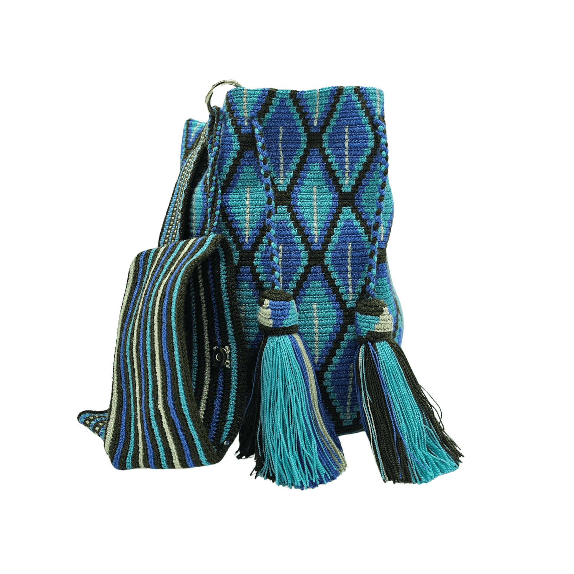 Handwoven Wayuu mochila bag in blue and black with a geometric pattern, braided drawstrings, and tassels. Ethically crafted in Colombia.