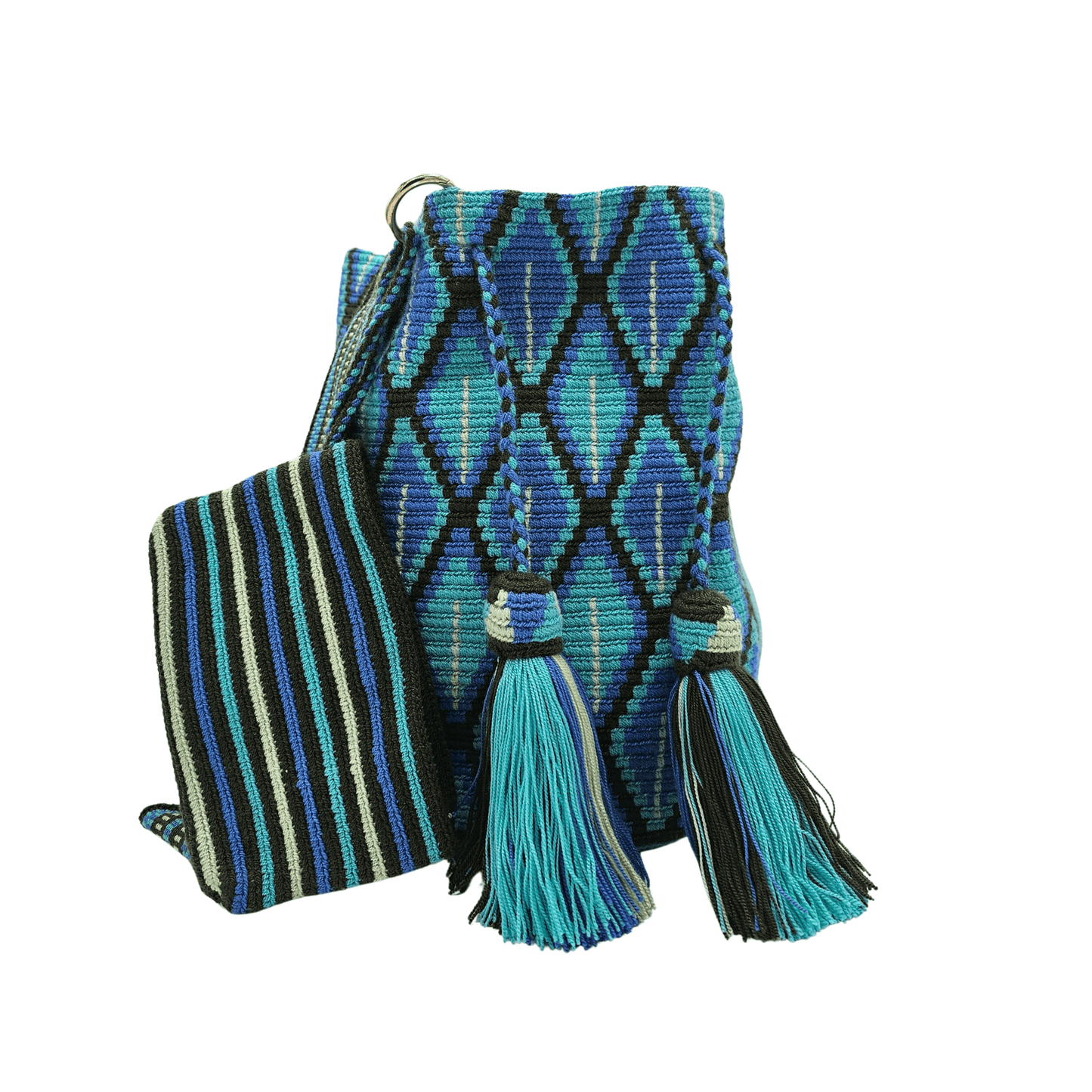 Handwoven Wayuu mochila bag in blue and black with a geometric pattern, braided drawstrings, and tassels. Ethically crafted in Colombia.