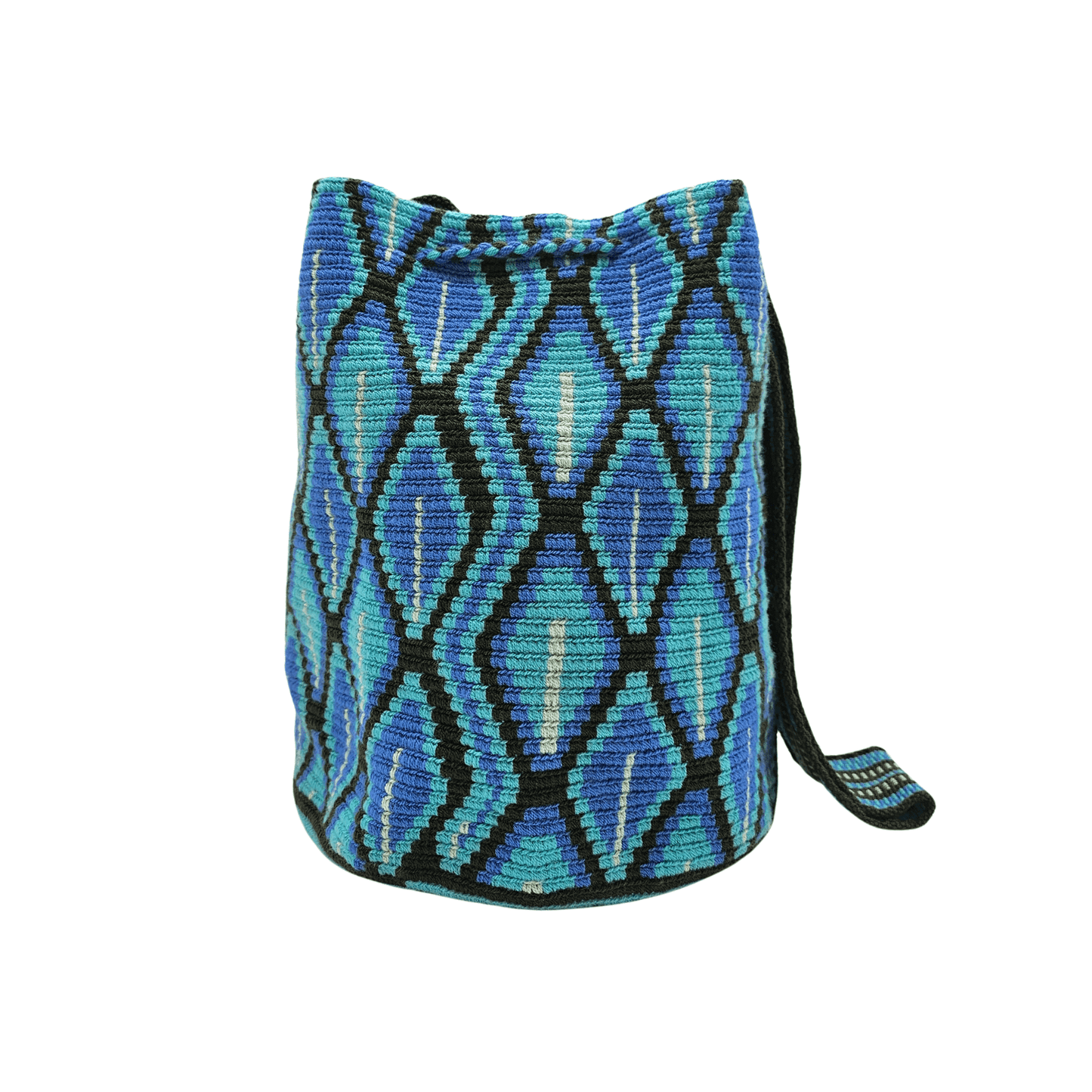 Handwoven Wayuu mochila bag in blue and black with a geometric pattern, braided drawstrings, and tassels. Ethically crafted in Colombia.