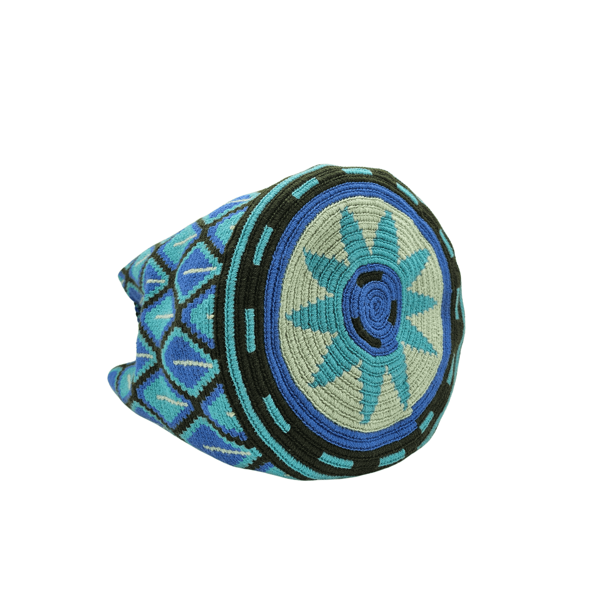 Handwoven Wayuu mochila bag in blue and black with a geometric pattern, braided drawstrings, and tassels. Ethically crafted in Colombia.