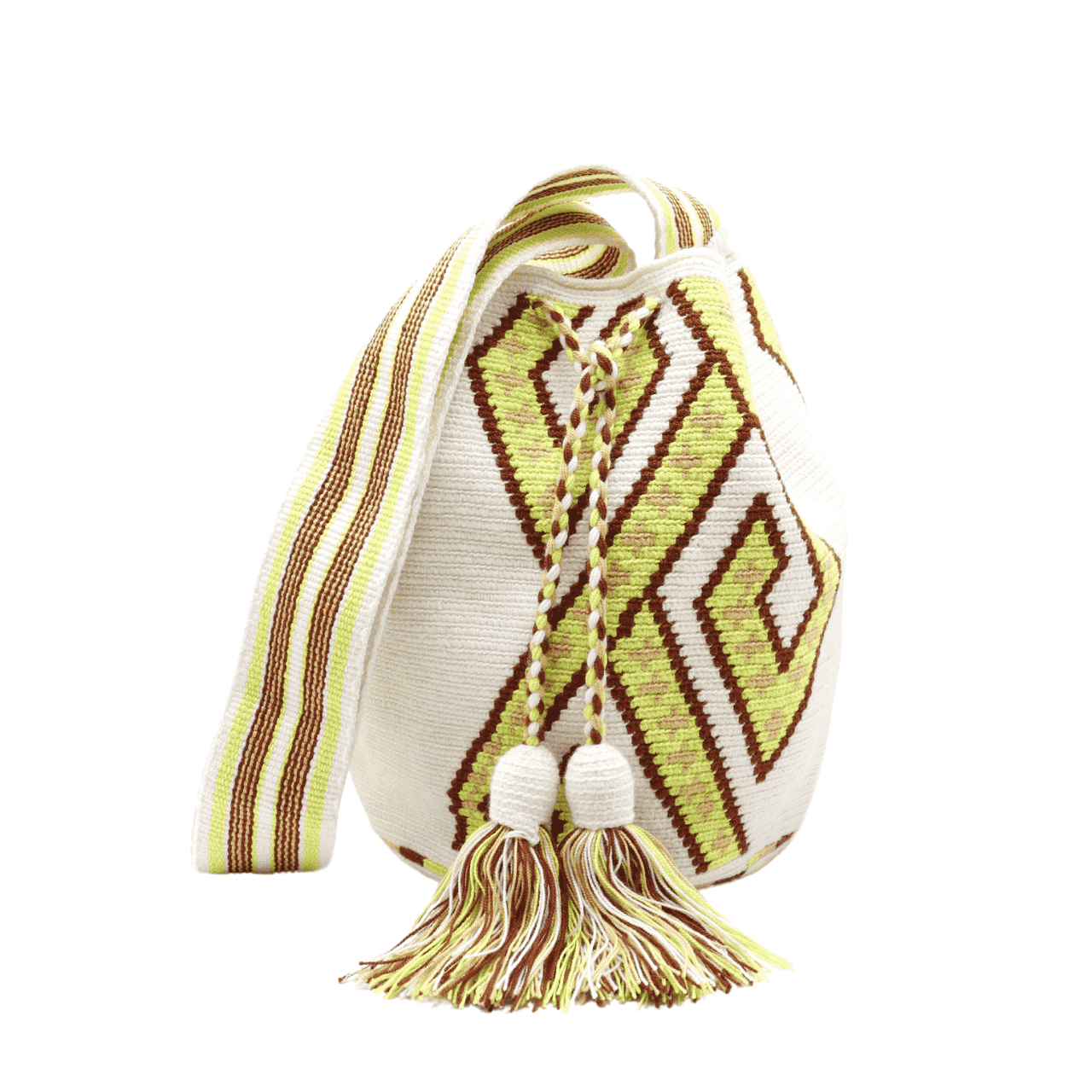 Exquisite handmade Alba best Wayuu bag in almond shades, adorned with olive greens and browns in intricate patterns. A true piece of art that exudes elegance and sophistication.