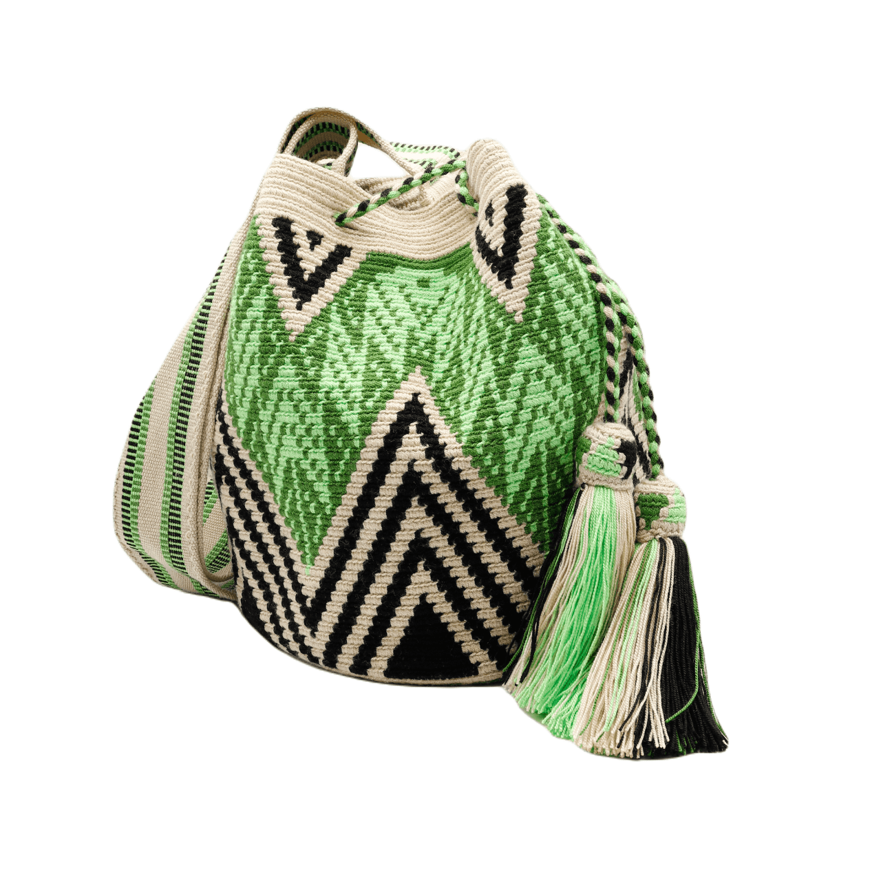 Alex Wayuu Bag in stunning green, beige, and black tones, handcrafted in Colombia, showcasing an exceptional and one-of-a-kind design.