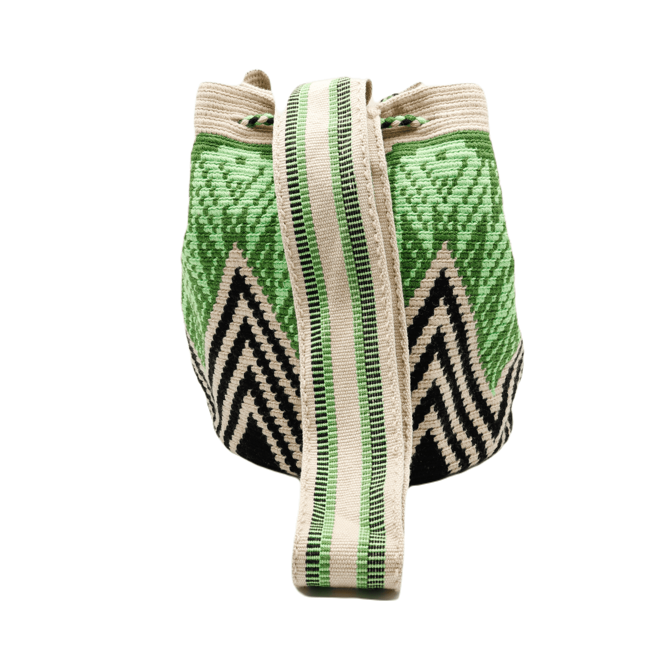 Alex Wayuu Bag in stunning green, beige, and black tones, handcrafted in Colombia, showcasing an exceptional and one-of-a-kind design.