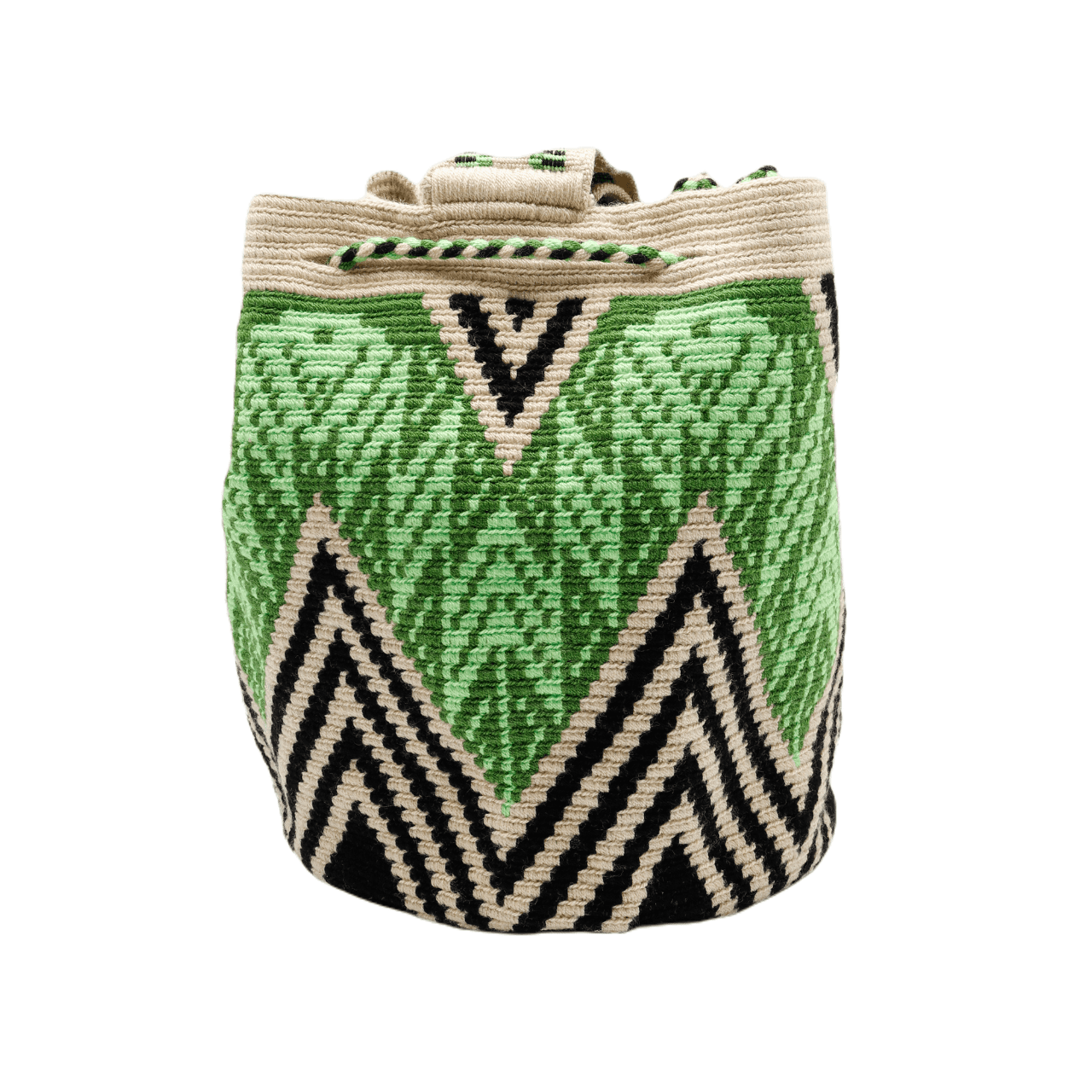 Alex Wayuu Bag in stunning green, beige, and black tones, handcrafted in Colombia, showcasing an exceptional and one-of-a-kind design.