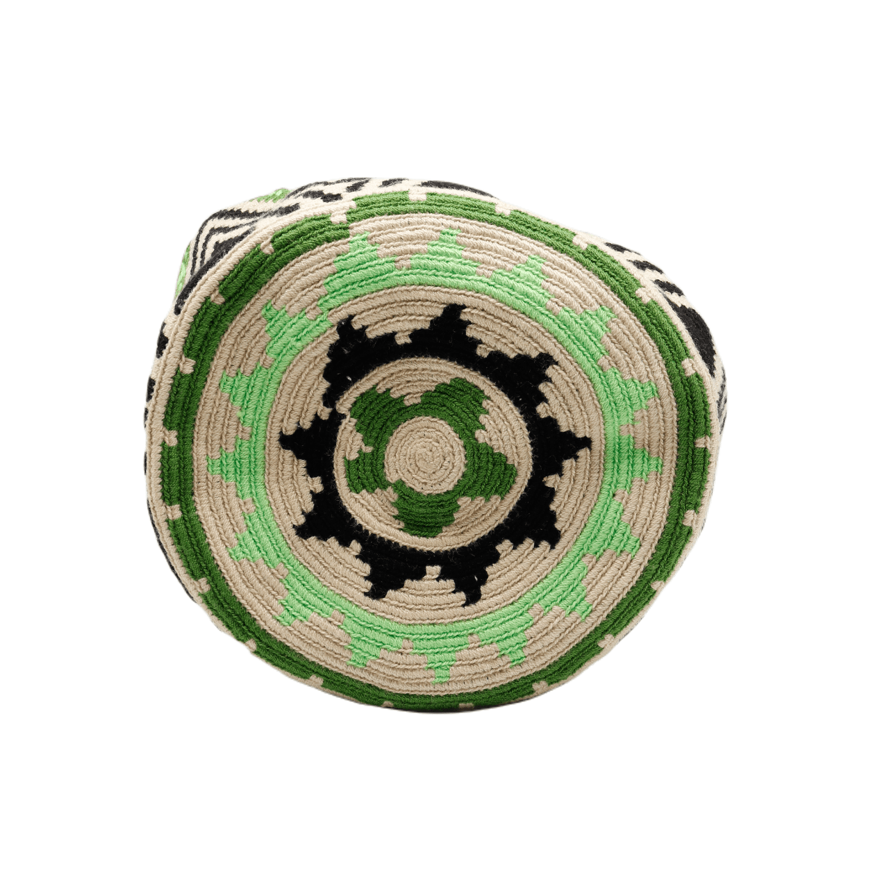 Alex Wayuu Bag in stunning green, beige, and black tones, handcrafted in Colombia, showcasing an exceptional and one-of-a-kind design.