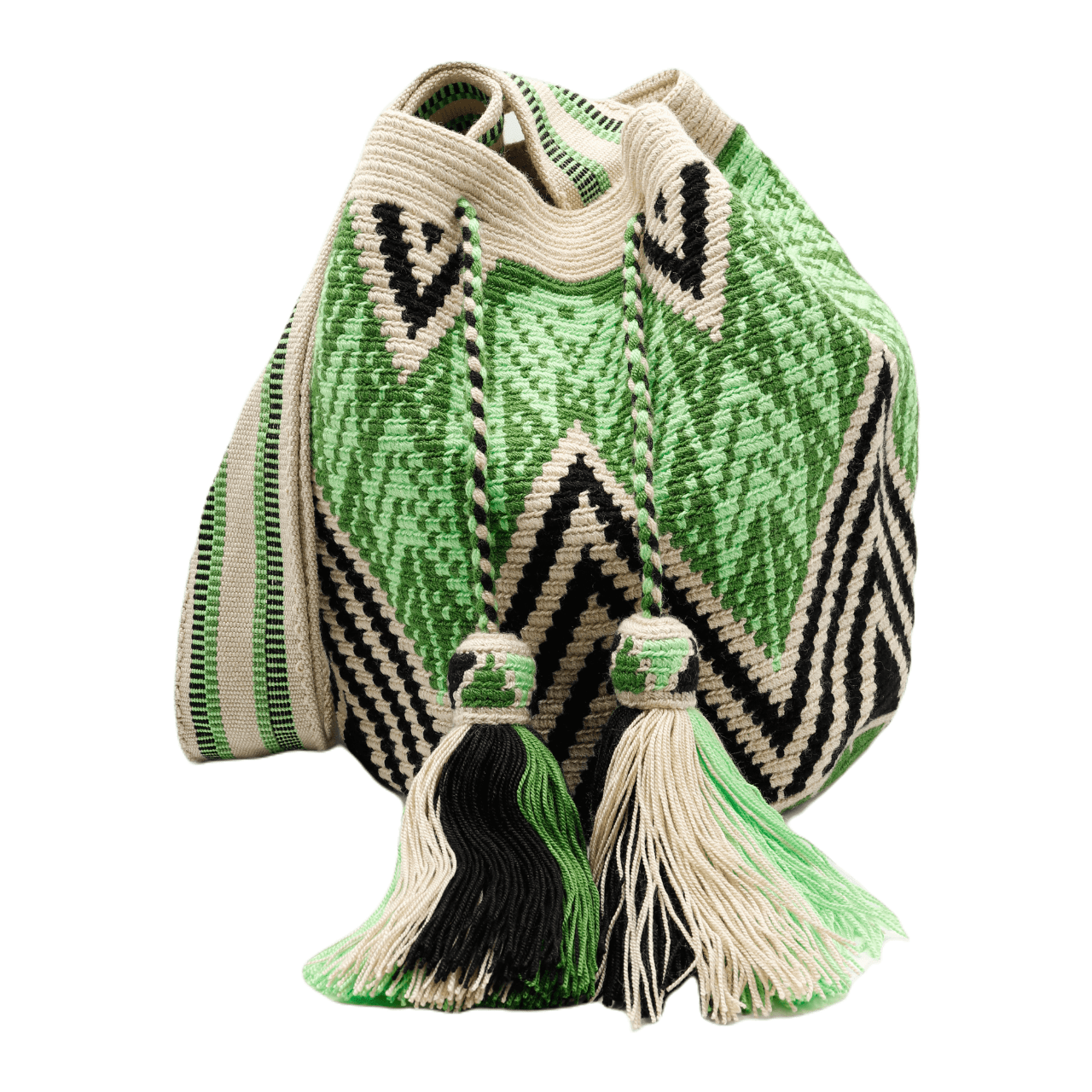 Alex Wayuu Bag in stunning green, beige, and black tones, handcrafted in Colombia, showcasing an exceptional and one-of-a-kind design.