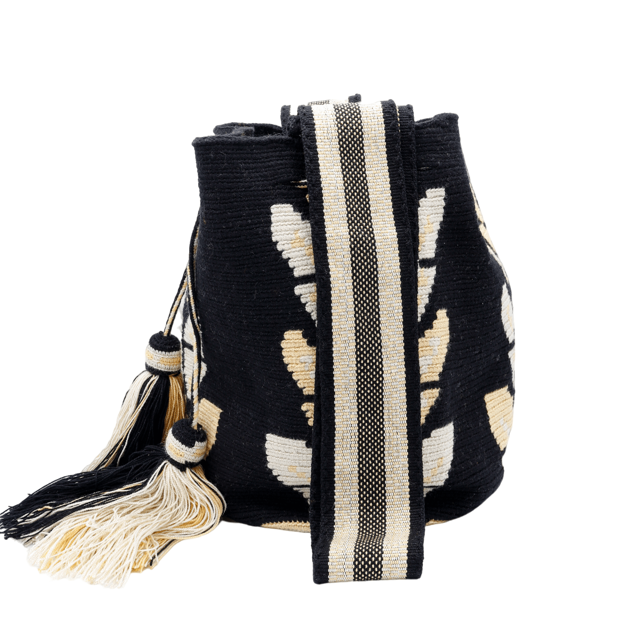 Discover the stunning Arabella Wayuu Mochila Bag in black, adorned with a charming butterflies design in vanilla and beige. This nature-inspired masterpiece evokes the beauty of the natural world, making it a captivating accessory choice.