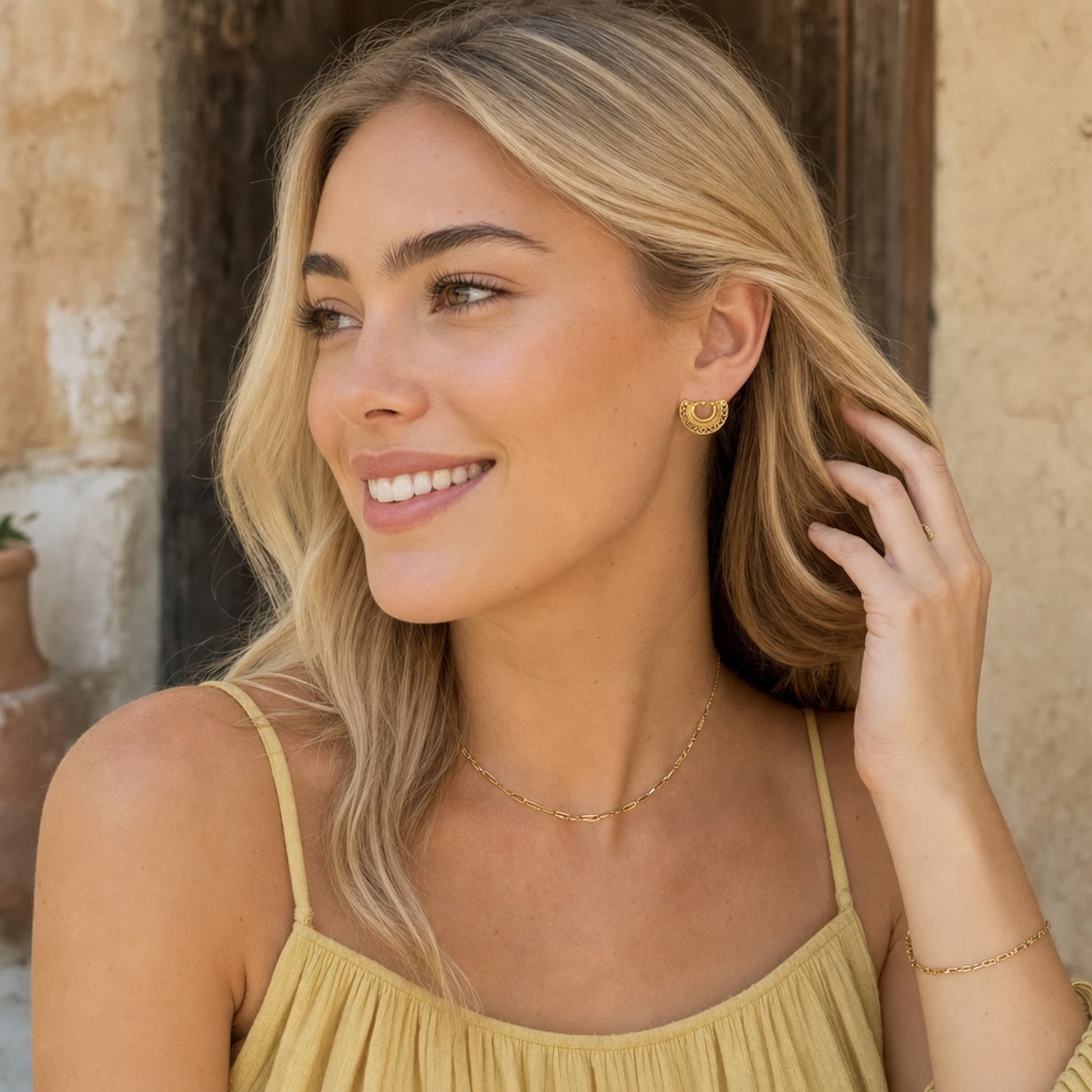 Handcrafted 24K gold plated studs earrings, inspired by ancient Pre-Colombian motifs. Ideal for daily wear or gifting on special occasions like Mother's Day, anniversaries, or birthdays