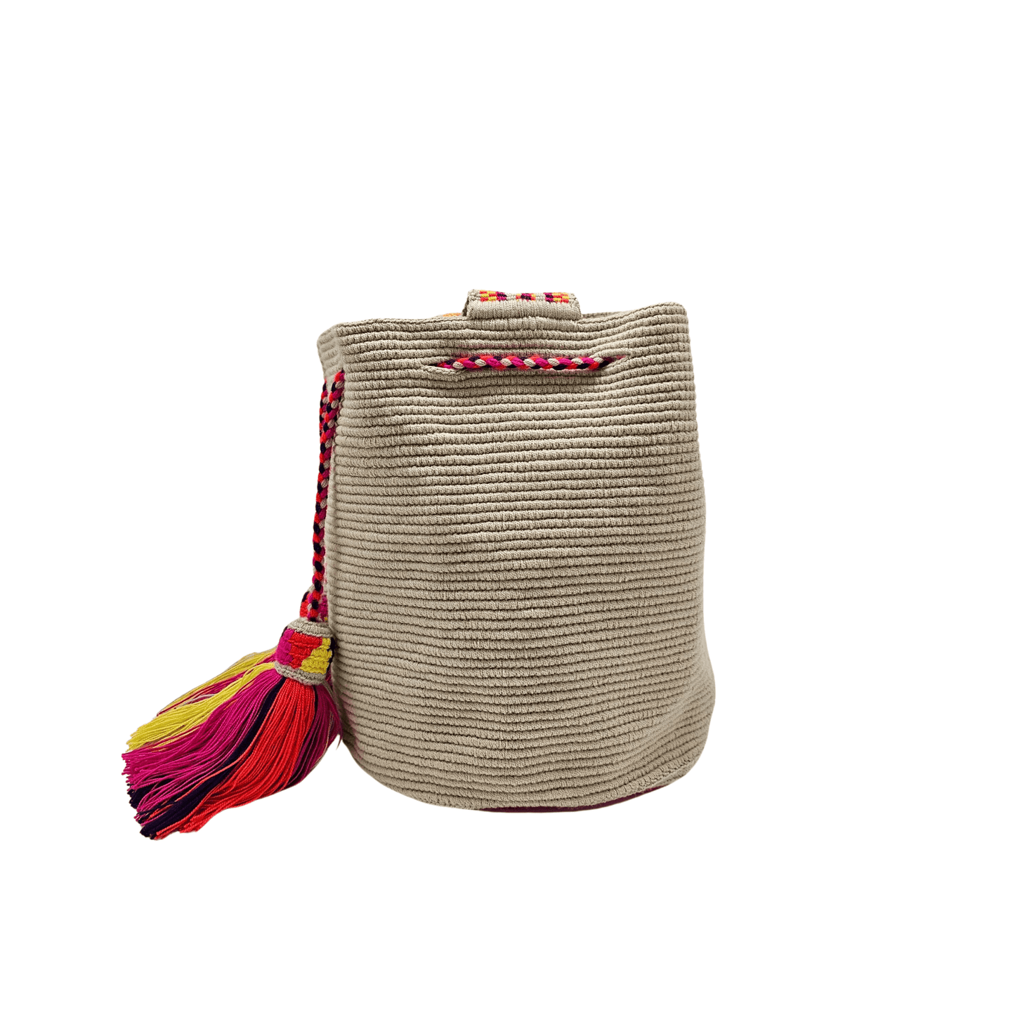 Solid beige Wayuu bag with colorful macrame strap, perfect for everyday use by Origin Colombia.