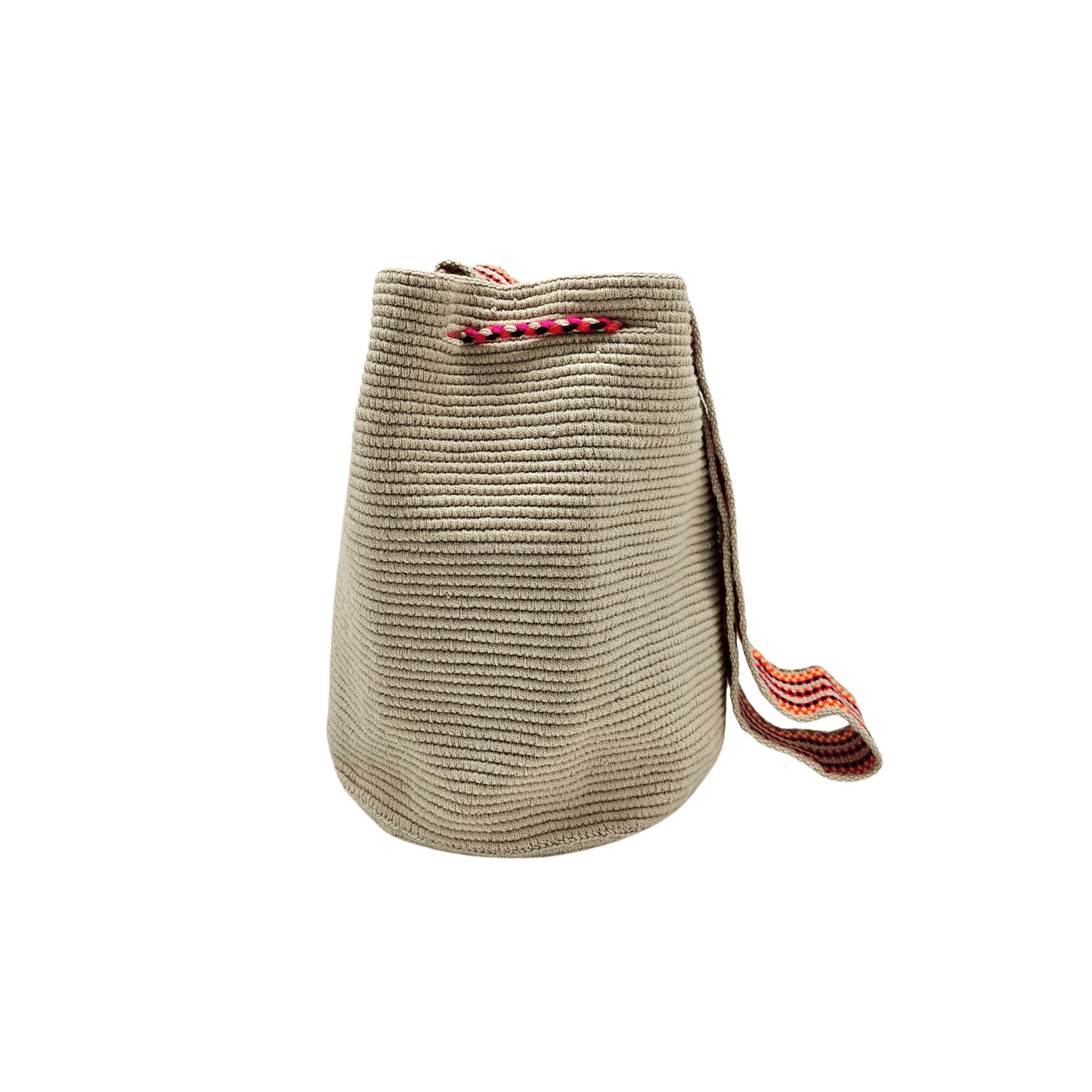 Solid beige Wayuu bag with colorful macrame strap, perfect for everyday use by Origin Colombia.