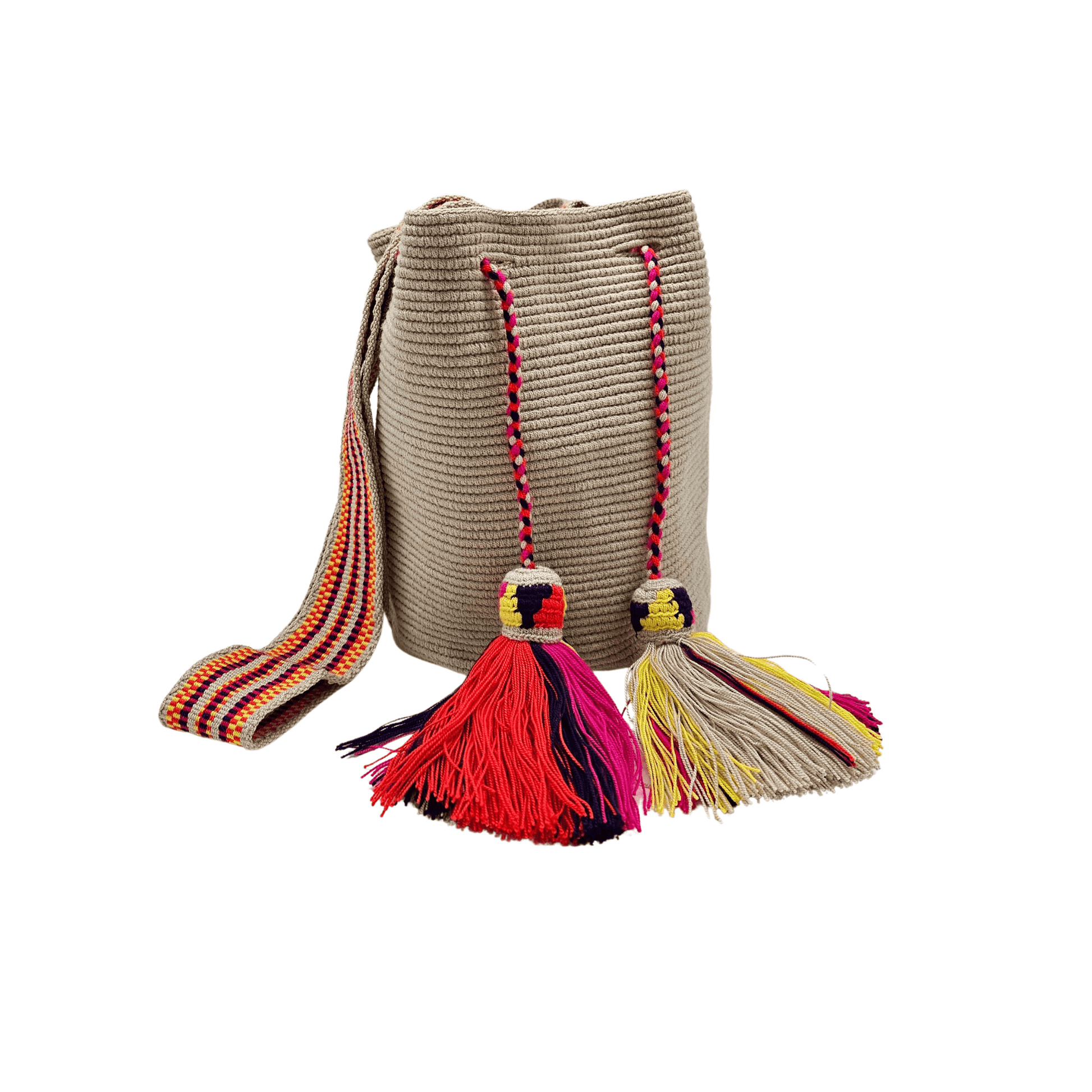 Solid beige Wayuu bag with colorful macrame strap, perfect for everyday use by Origin Colombia.