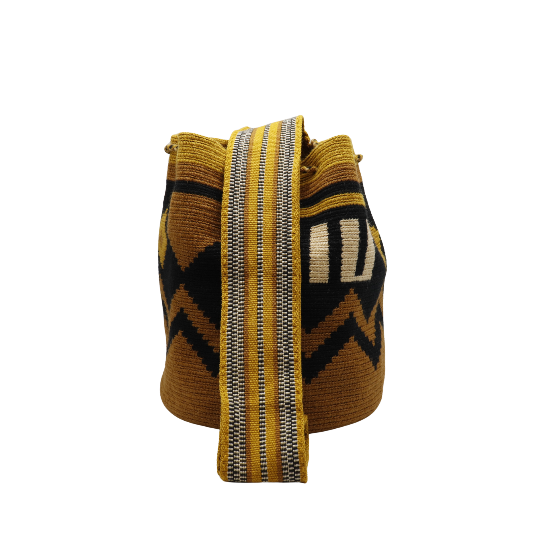 Woven bag with geometric pattern and zipper on a white background