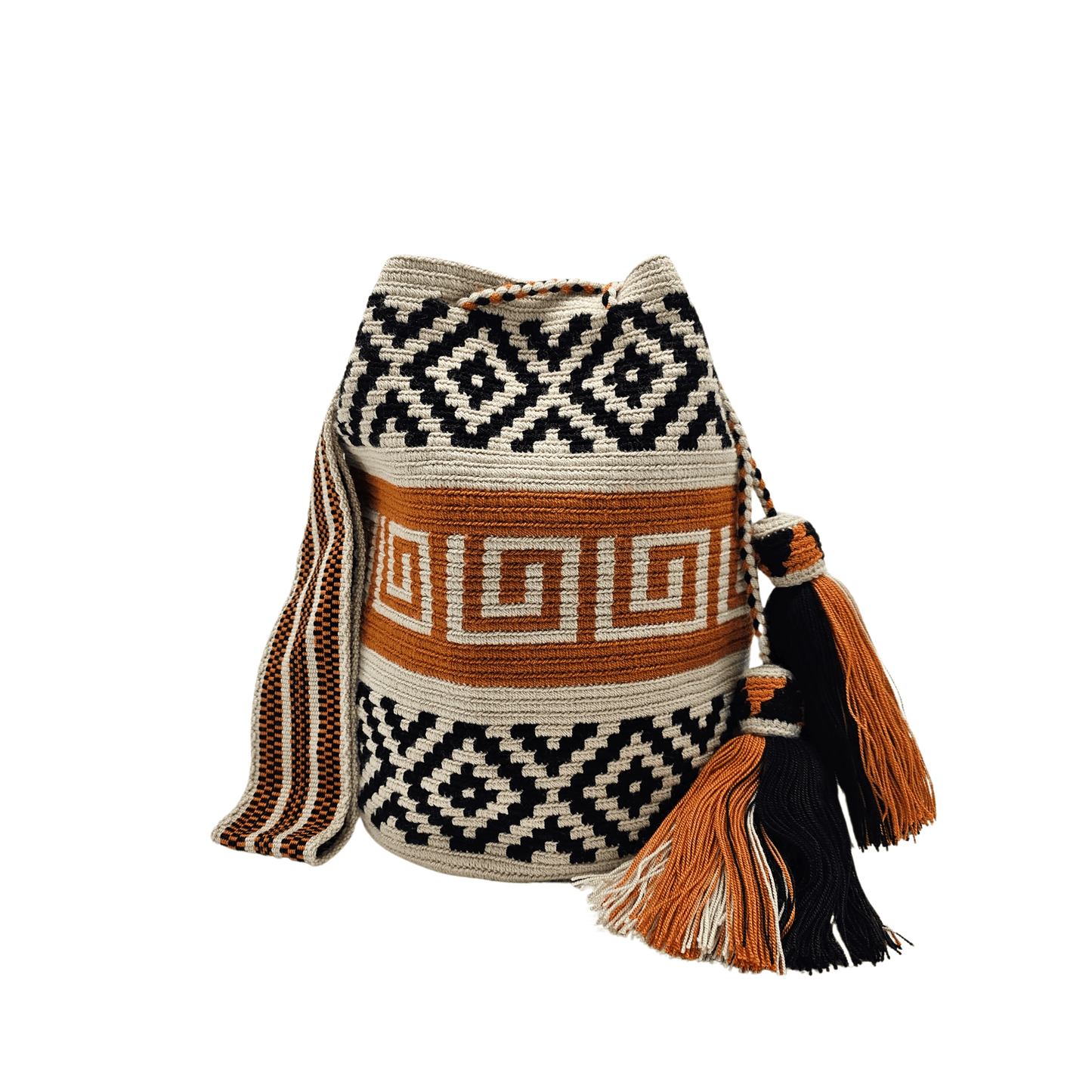 Handmade Wayuu bag in earth tones featuring a geometric design. The intricate patterns are skillfully woven with natural colors, creating a beautiful and functional piece of art. The bag showcases the traditional craftsmanship of the Wayuu artisans, blending cultural heritage with contemporary style.