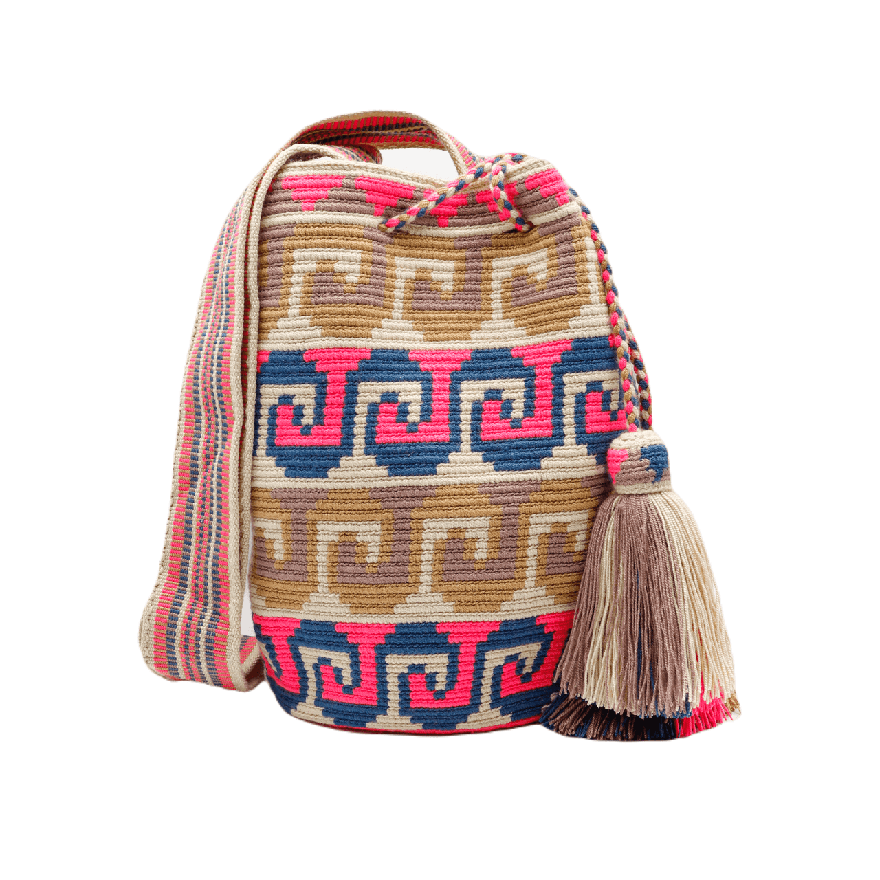 Shop the stylish Camilla Wayuu Bag featuring shades of beige, blue, and pink. This bag is the perfect everyday companion, providing ample space to carry all your essentials with ease and in fashionable style.