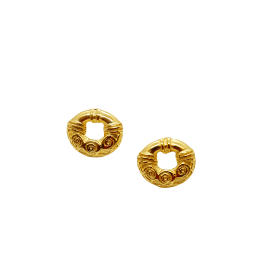 Handcrafted gold plated Carmen tiny studs earrings, inspired by ancient Colombian motifs. Ideal for daily wear or gifting on special occasions like Mother's Day, anniversaries, or birthdays