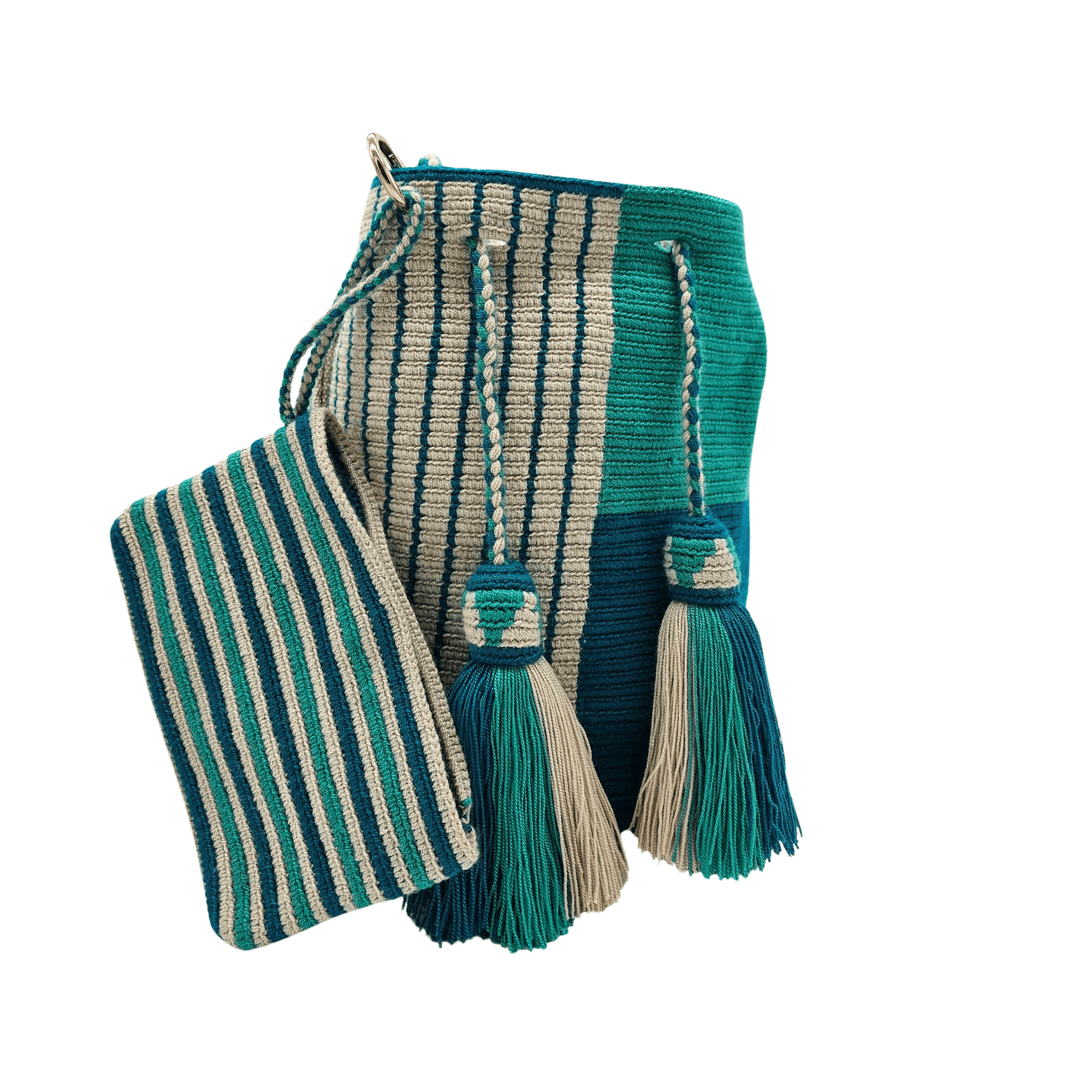 Handwoven Wayuu bag in shades of green and beige with a matching small pouch. Featuring a geometrical strap, intricate crochet details, and tassel drawstring closure, this authentic Colombian mochila bag is both stylish and functional, perfect for carrying essentials with ease.







