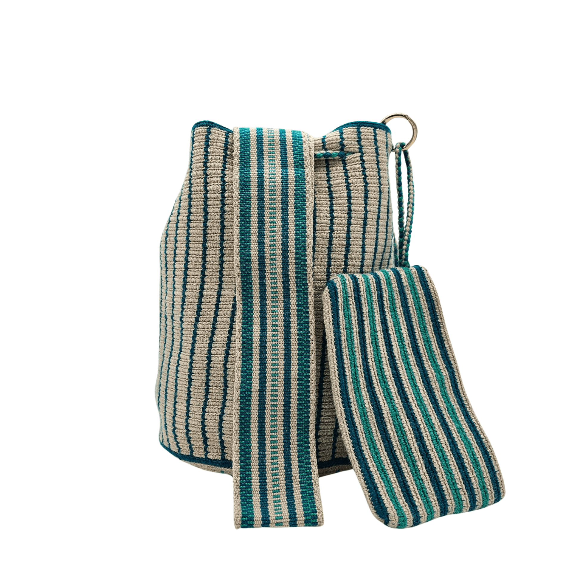 Handwoven Wayuu bag in shades of green and beige with a matching small pouch. Featuring a geometrical strap, intricate crochet details, and tassel drawstring closure, this authentic Colombian mochila bag is both stylish and functional, perfect for carrying essentials with ease.







