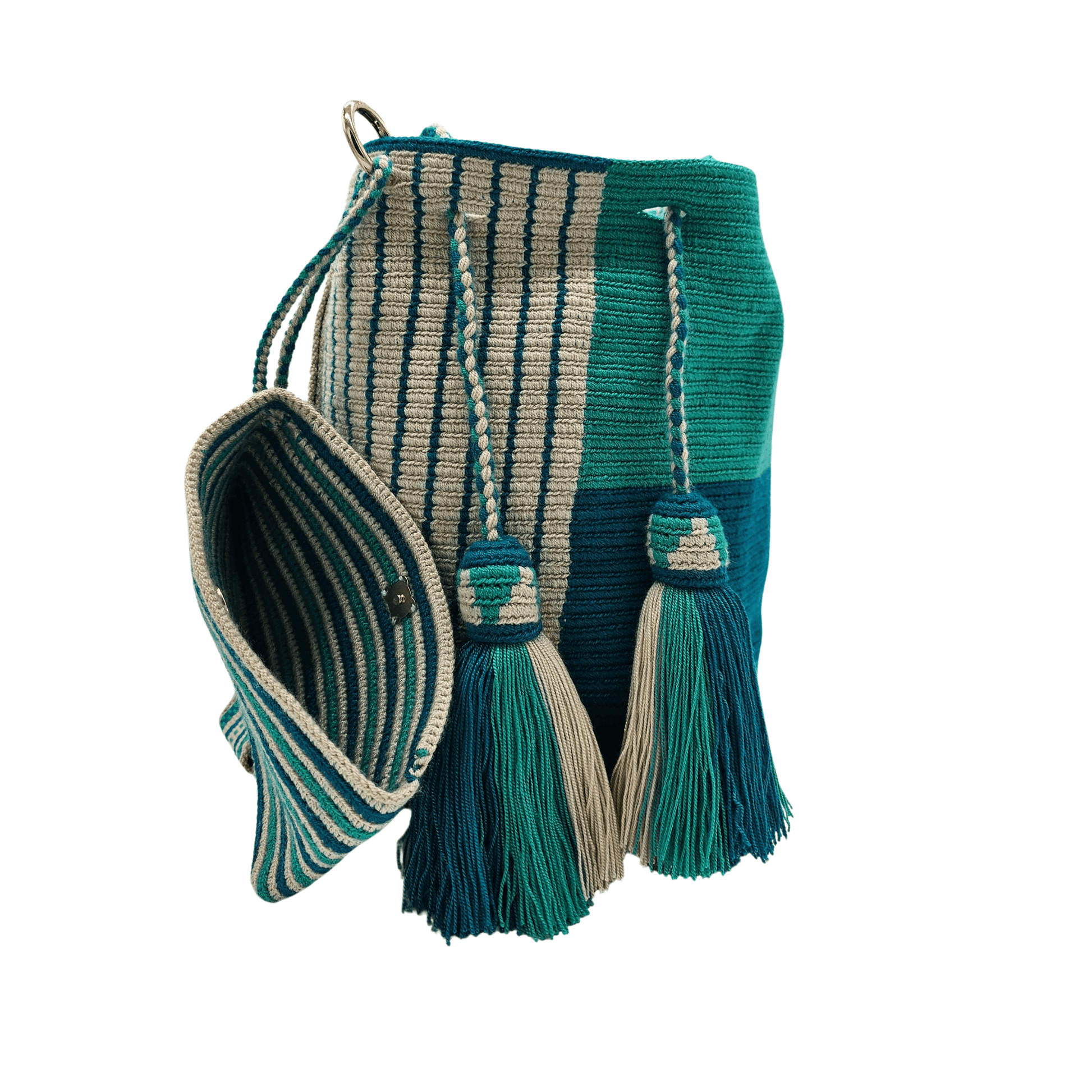 Handwoven Wayuu bag in shades of green and beige with a matching small pouch. Featuring a geometrical strap, intricate crochet details, and tassel drawstring closure, this authentic Colombian mochila bag is both stylish and functional, perfect for carrying essentials with ease.







