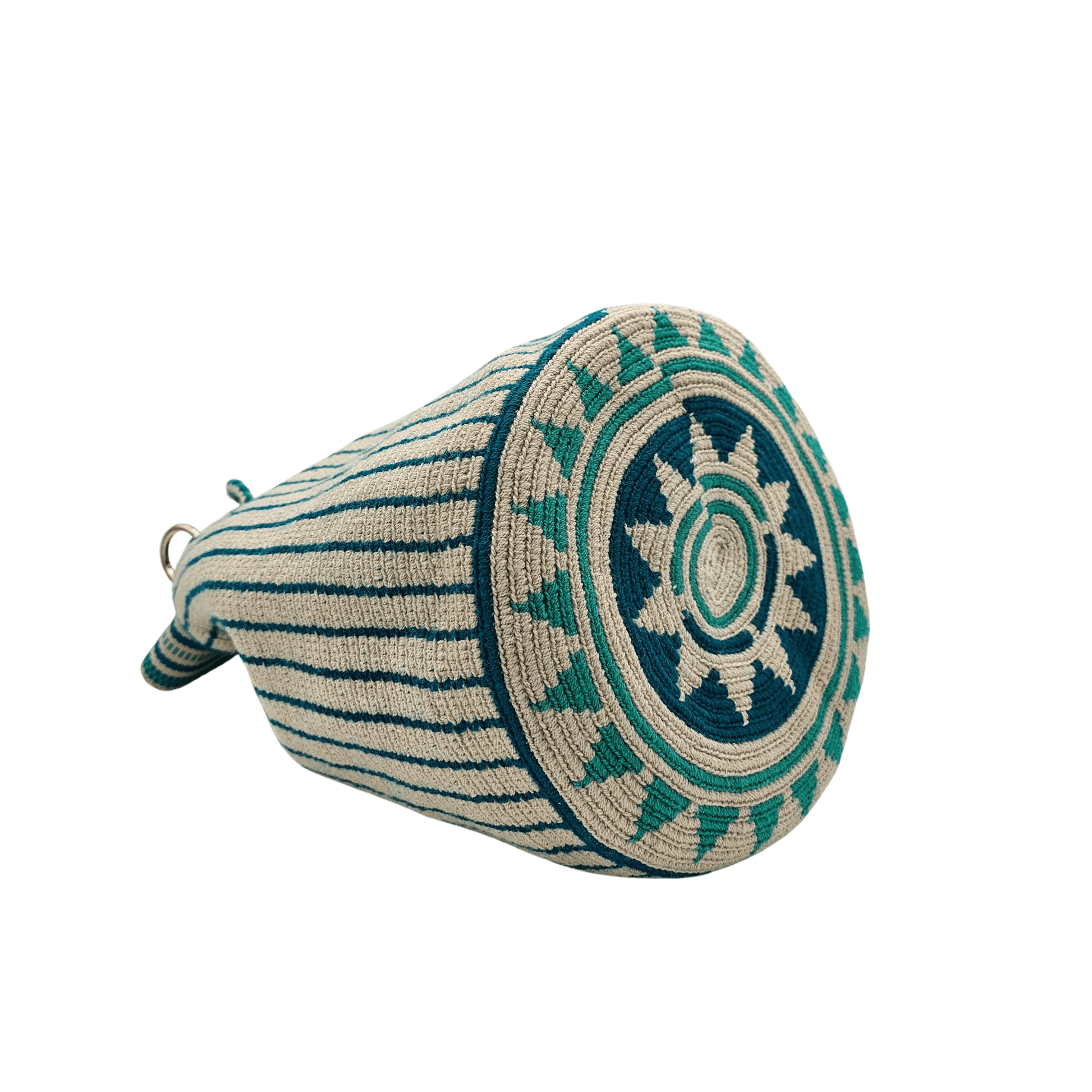 Handwoven Wayuu bag in shades of green and beige with a matching small pouch. Featuring a geometrical strap, intricate crochet details, and tassel drawstring closure, this authentic Colombian mochila bag is both stylish and functional, perfect for carrying essentials with ease.







