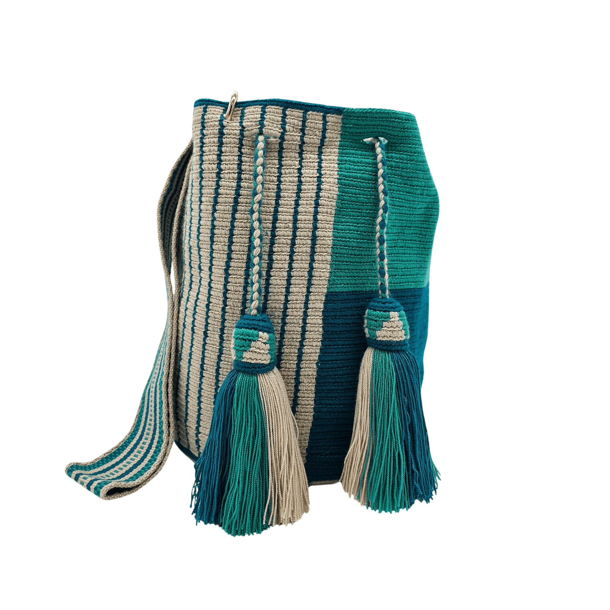 Handwoven Wayuu bag in shades of green and beige with a matching small pouch. Featuring a geometrical strap, intricate crochet details, and tassel drawstring closure, this authentic Colombian mochila bag is both stylish and functional, perfect for carrying essentials with ease.







