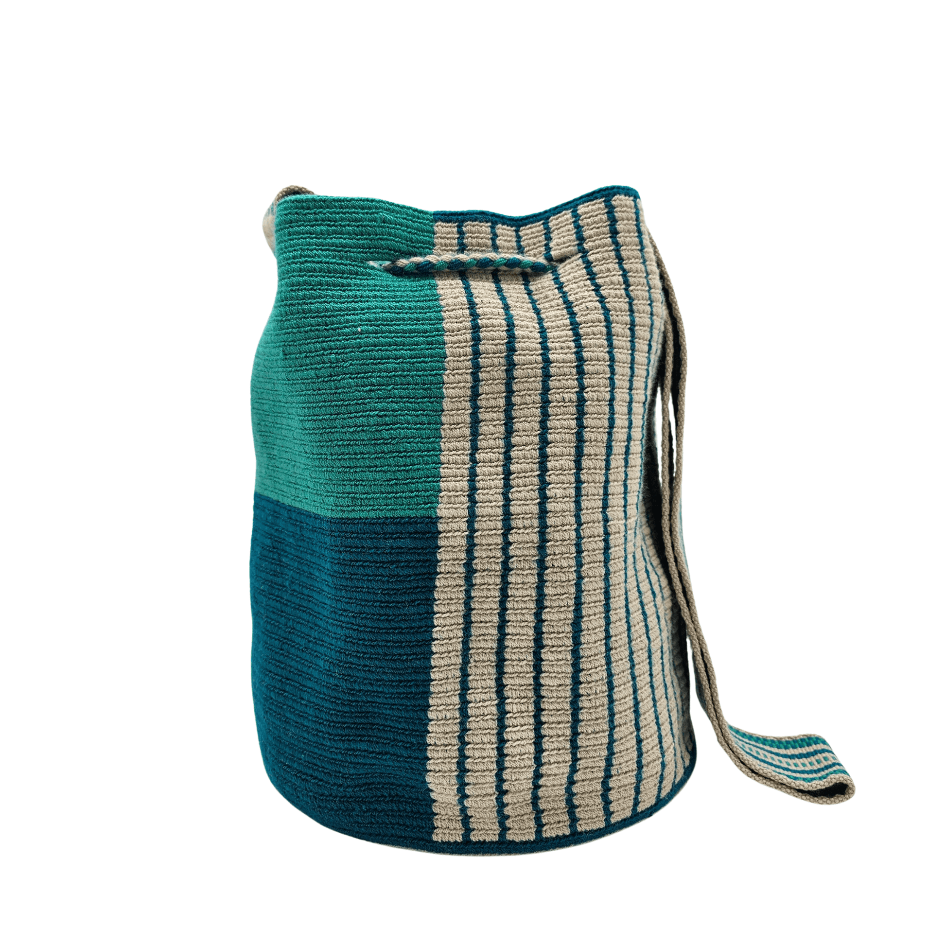 Handwoven Wayuu bag in shades of green and beige with a matching small pouch. Featuring a geometrical strap, intricate crochet details, and tassel drawstring closure, this authentic Colombian mochila bag is both stylish and functional, perfect for carrying essentials with ease.







