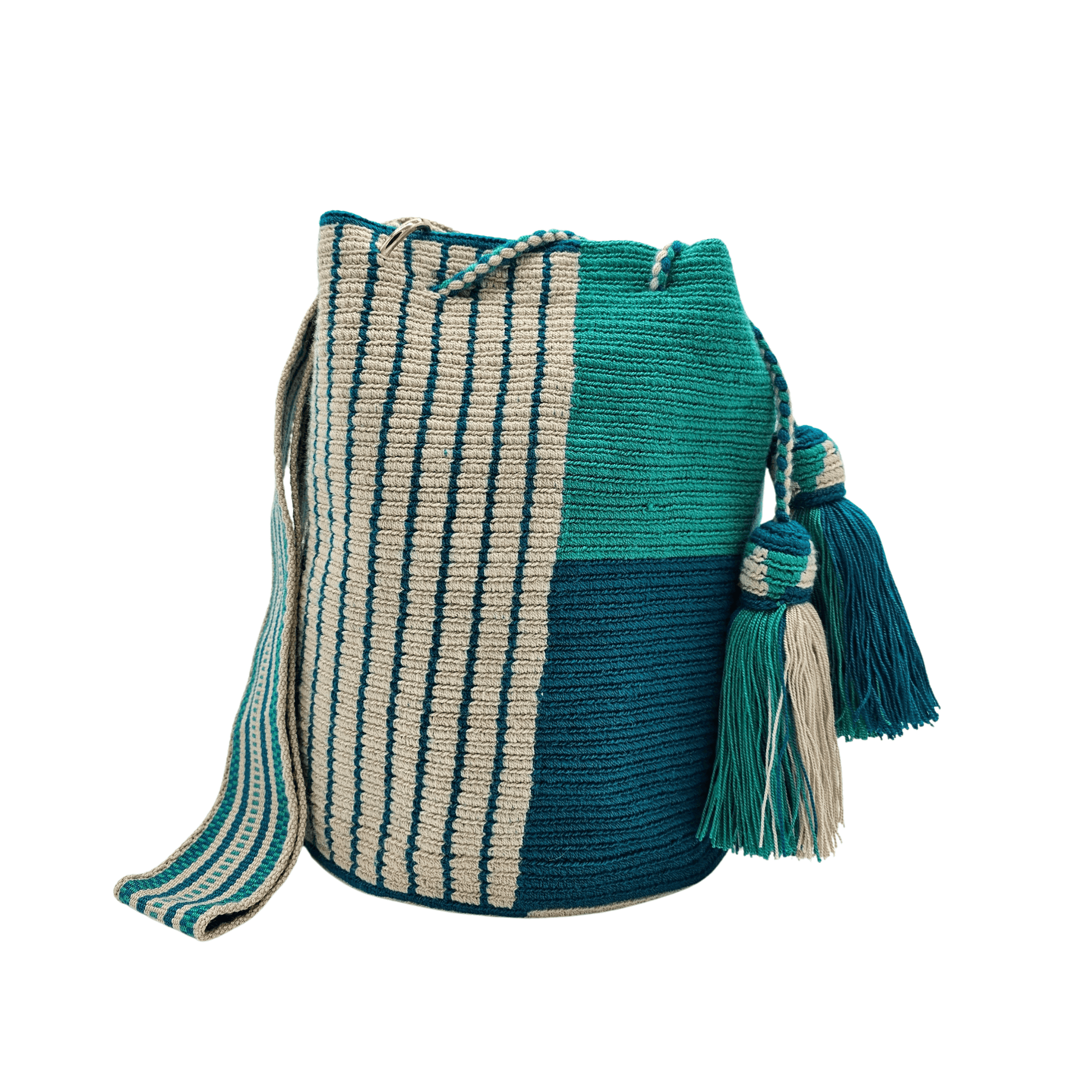 Handwoven Wayuu bag in shades of green and beige with a matching small pouch. Featuring a geometrical strap, intricate crochet details, and tassel drawstring closure, this authentic Colombian mochila bag is both stylish and functional, perfect for carrying essentials with ease.







