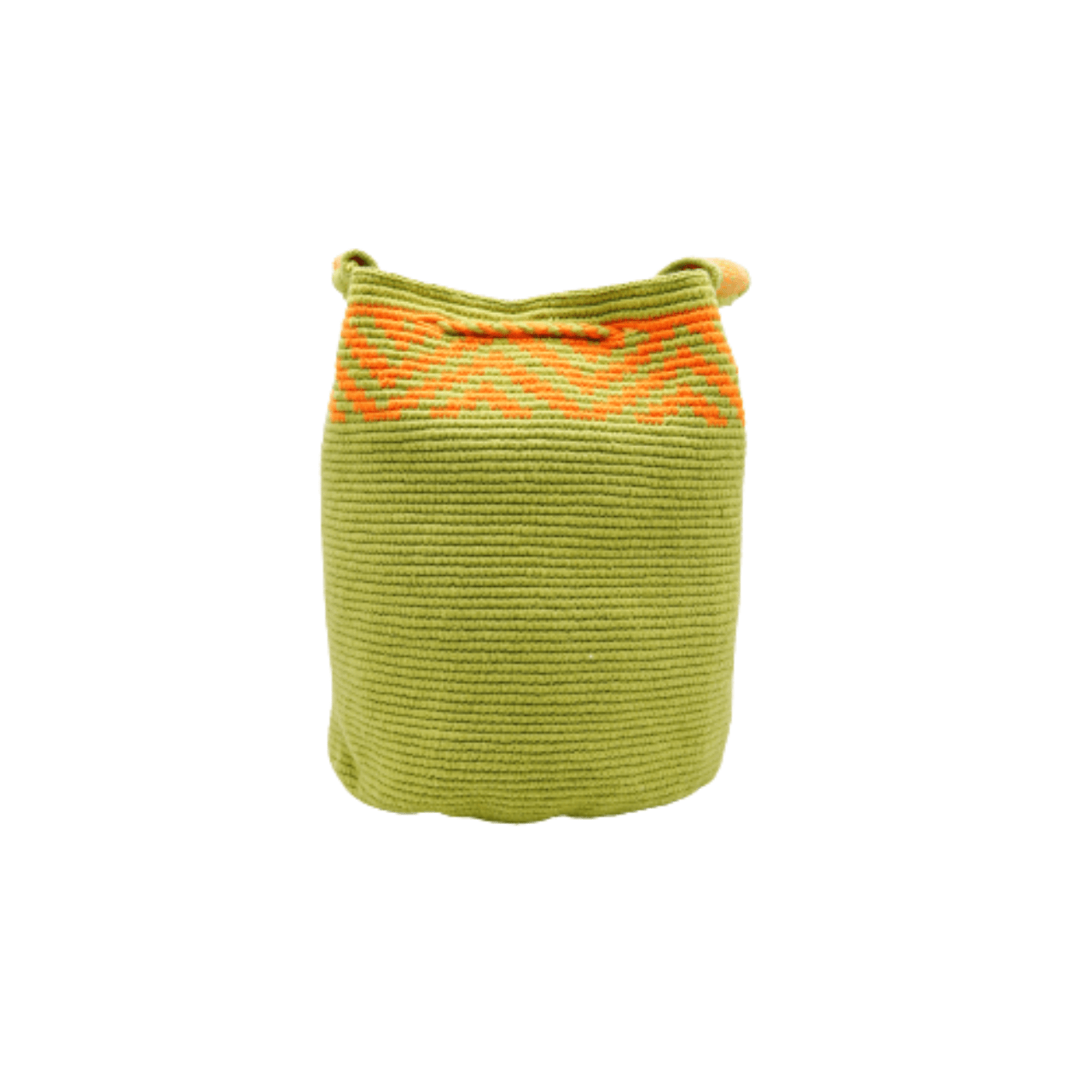 Caro Wayuu mochila bag in stunning apple green with vibrant orange accents.