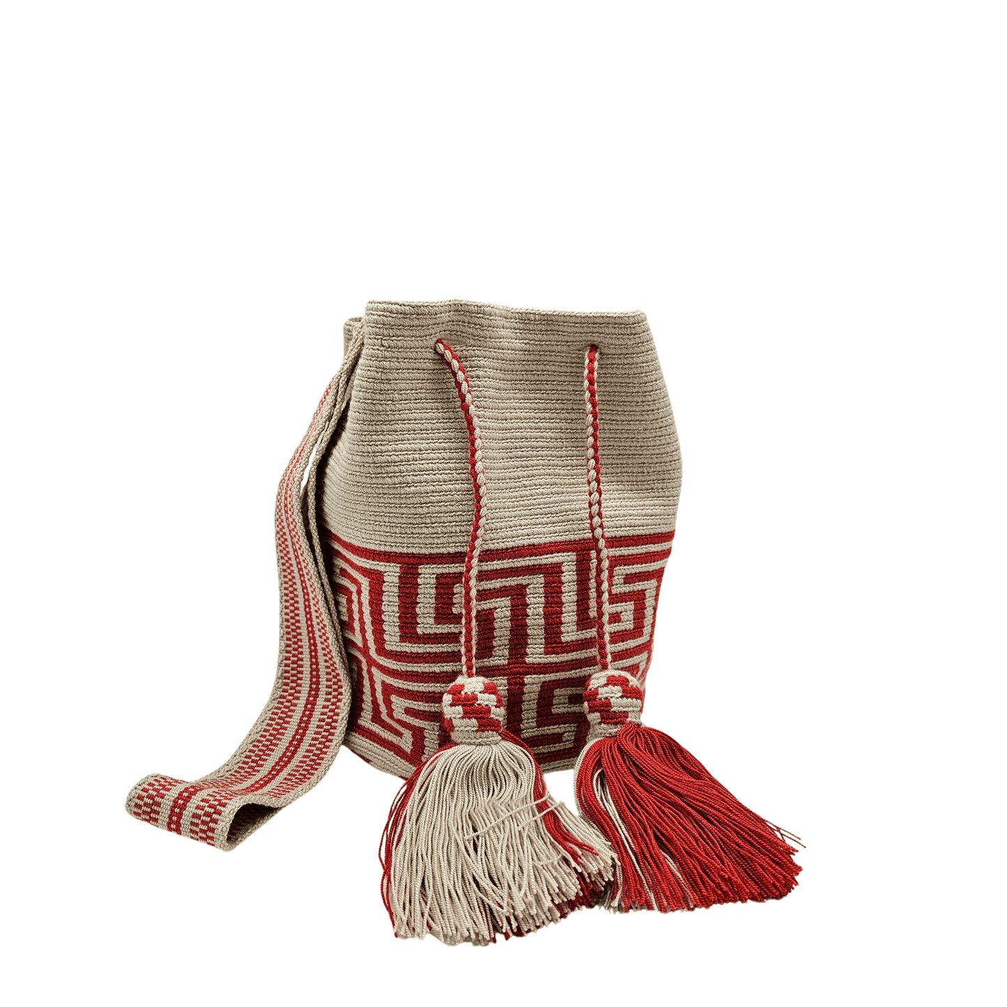 Handmade Wayuu bag by Wayuu artisans, this unique bag in beige and red tones with a pre-Columbian geometric design is perfect for everyday use