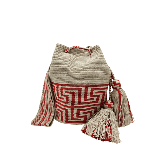 Handmade Wayuu bag by Wayuu artisans, this unique bag in beige and red tones with a pre-Columbian geometric design is perfect for everyday use