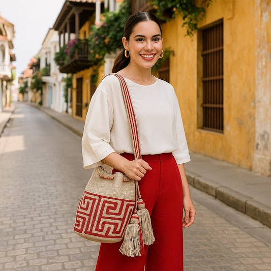 Handmade Wayuu bag by Wayuu artisans, this unique bag in beige and red tones with a pre-Columbian geometric design is perfect for everyday use