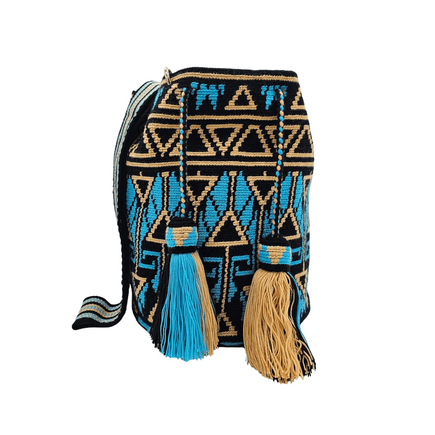 Handwoven Wayuu bag in black, blue, and beige with intricate geometric patterns. Features a matching small pouch for essentials, tassel details, and a sturdy strap.