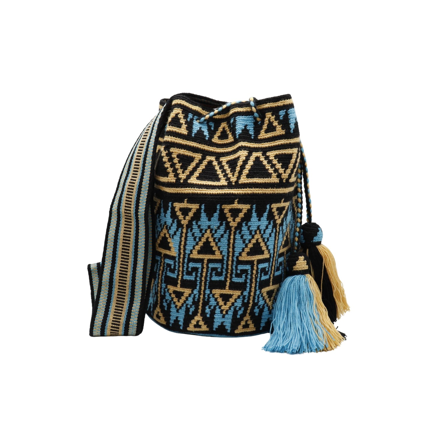 Handwoven Wayuu bag in black, blue, and beige with intricate geometric patterns. Features a matching small pouch for essentials, tassel details, and a sturdy strap