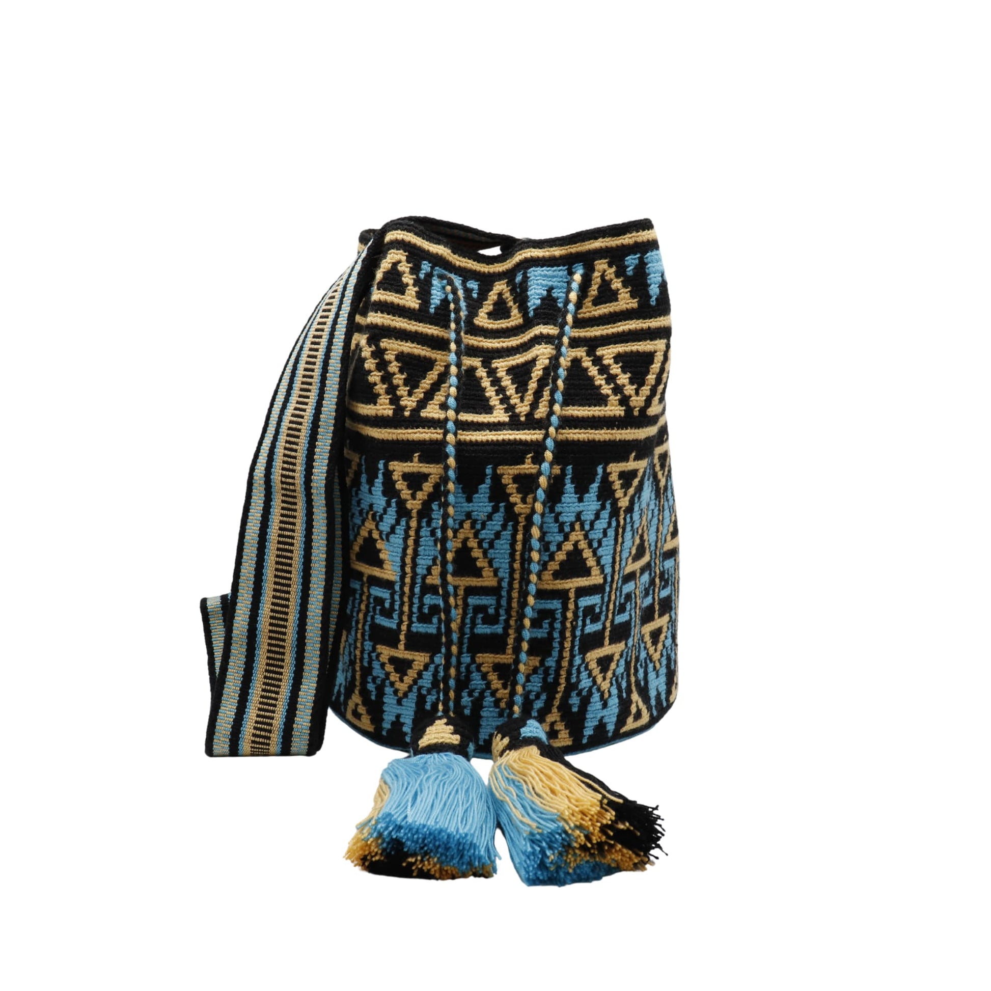 Handwoven Wayuu bag in black, blue, and beige with intricate geometric patterns. Features a matching small pouch for essentials, tassel details, and a sturdy strap