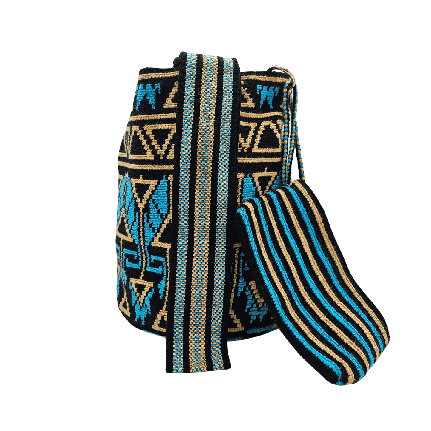 Handwoven Wayuu bag in black, blue, and beige with intricate geometric patterns. Features a matching small pouch for essentials, tassel details, and a sturdy strap.