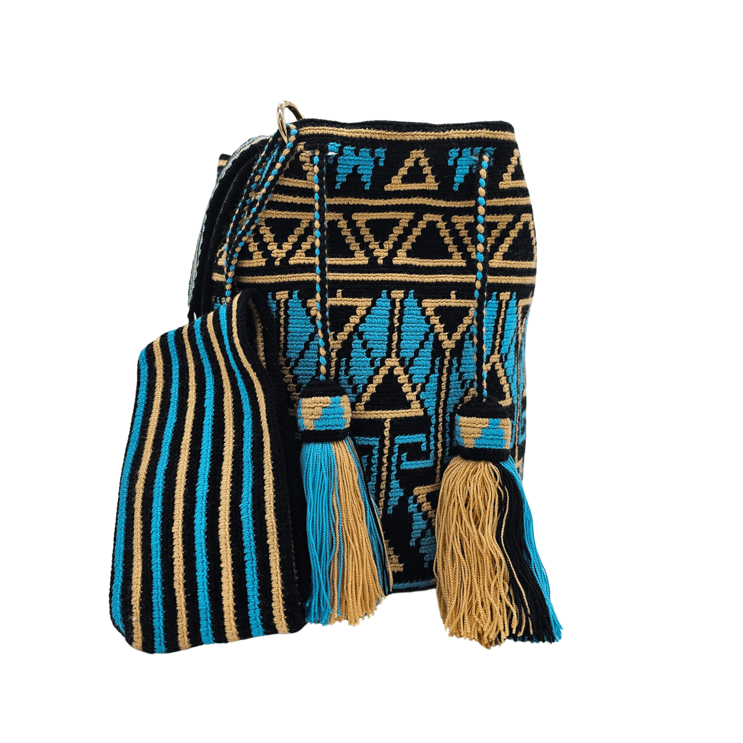 Handwoven Wayuu bag in black, blue, and beige with intricate geometric patterns. Features a matching small pouch for essentials, tassel details, and a sturdy strap.