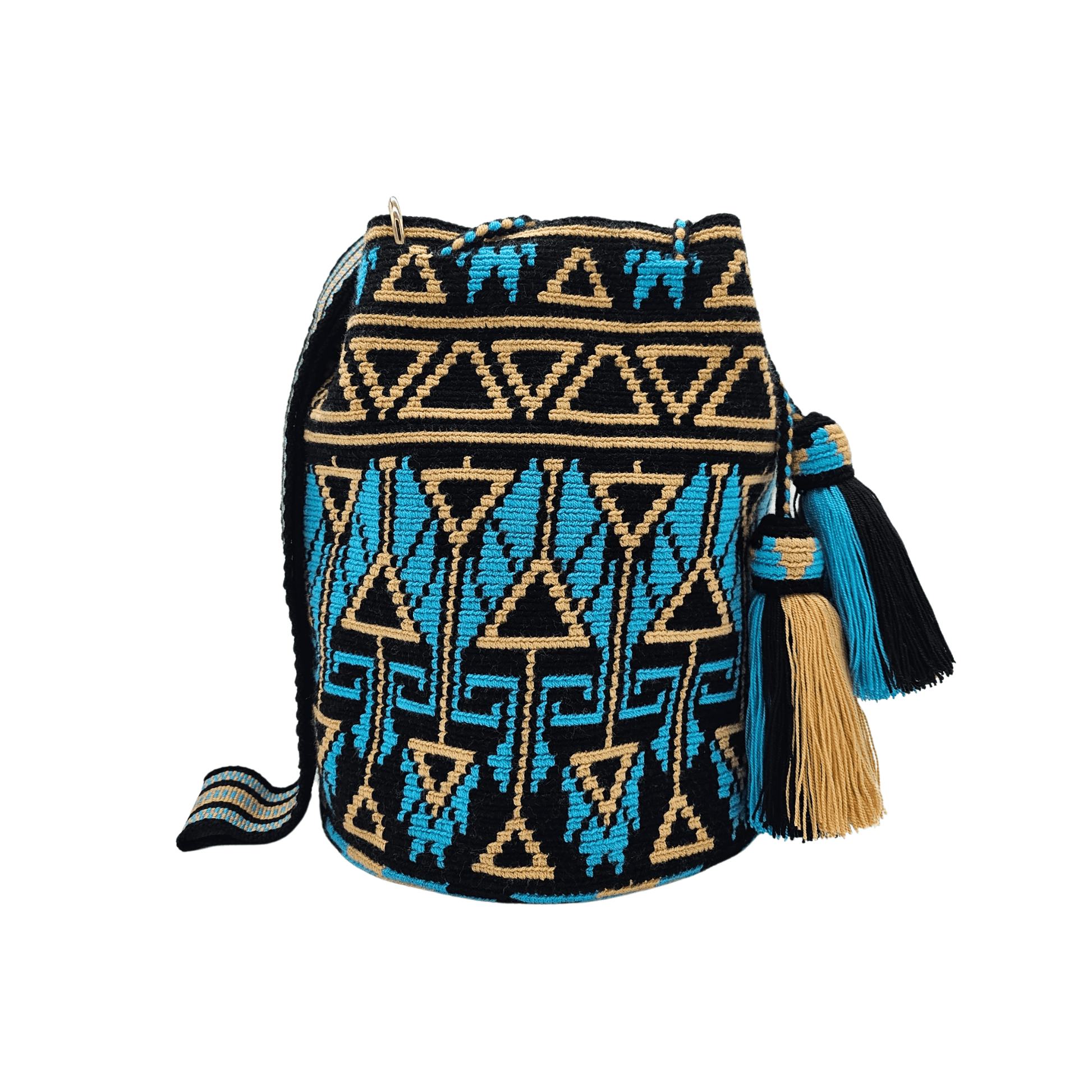 Handwoven Wayuu bag in black, blue, and beige with intricate geometric patterns. Features a matching small pouch for essentials, tassel details, and a sturdy strap.