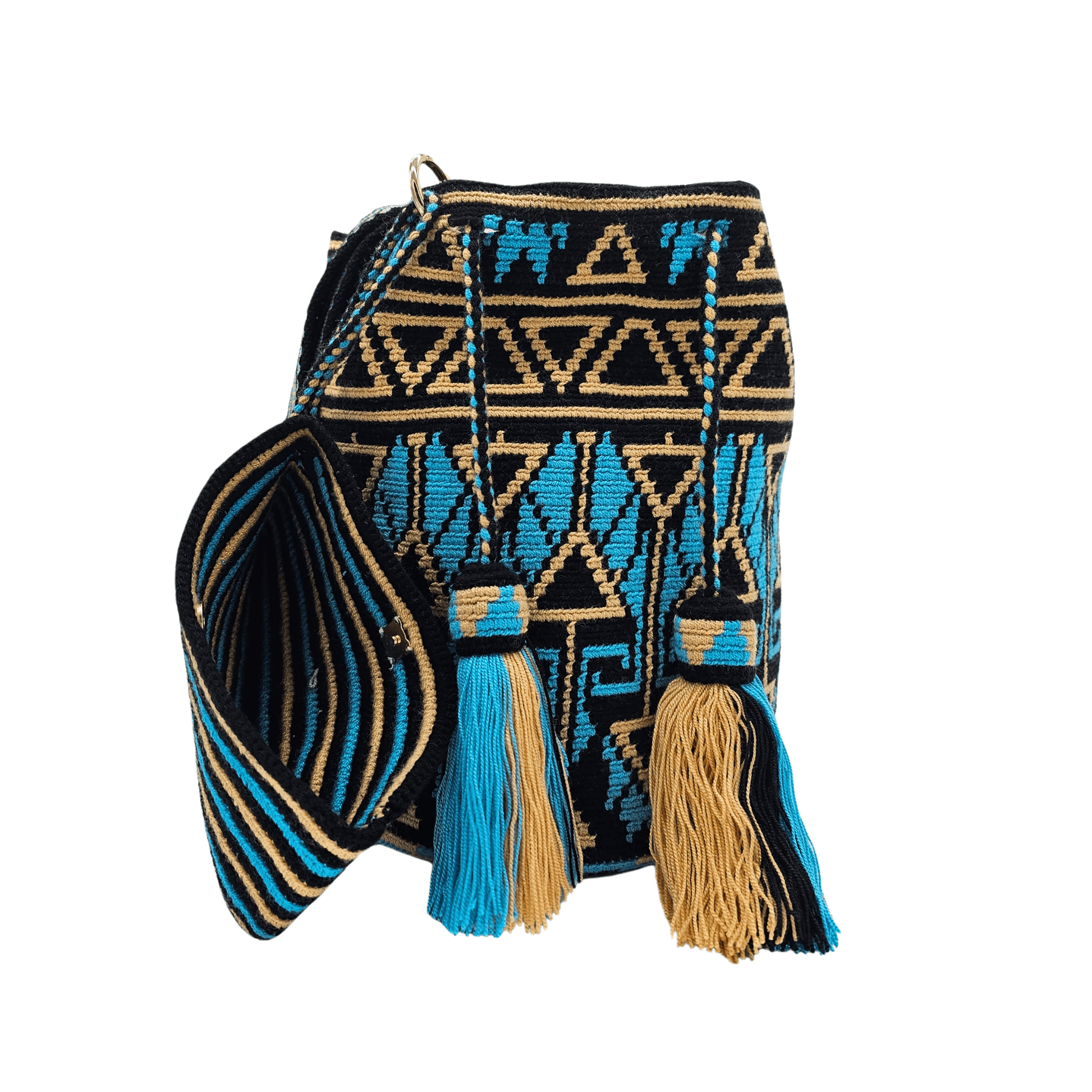 Handwoven Wayuu bag in black, blue, and beige with intricate geometric patterns. Features a matching small pouch for essentials, tassel details, and a sturdy strap.