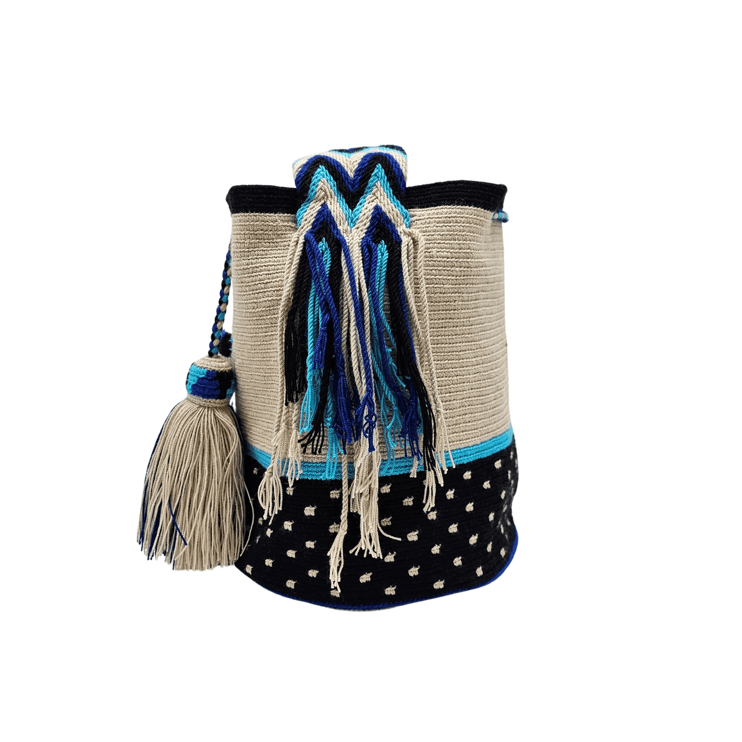 Handmade Wayuu bag by Wayuu artisans, this unique bag in black, beige and aquamarine tones is perfect for everyday use.