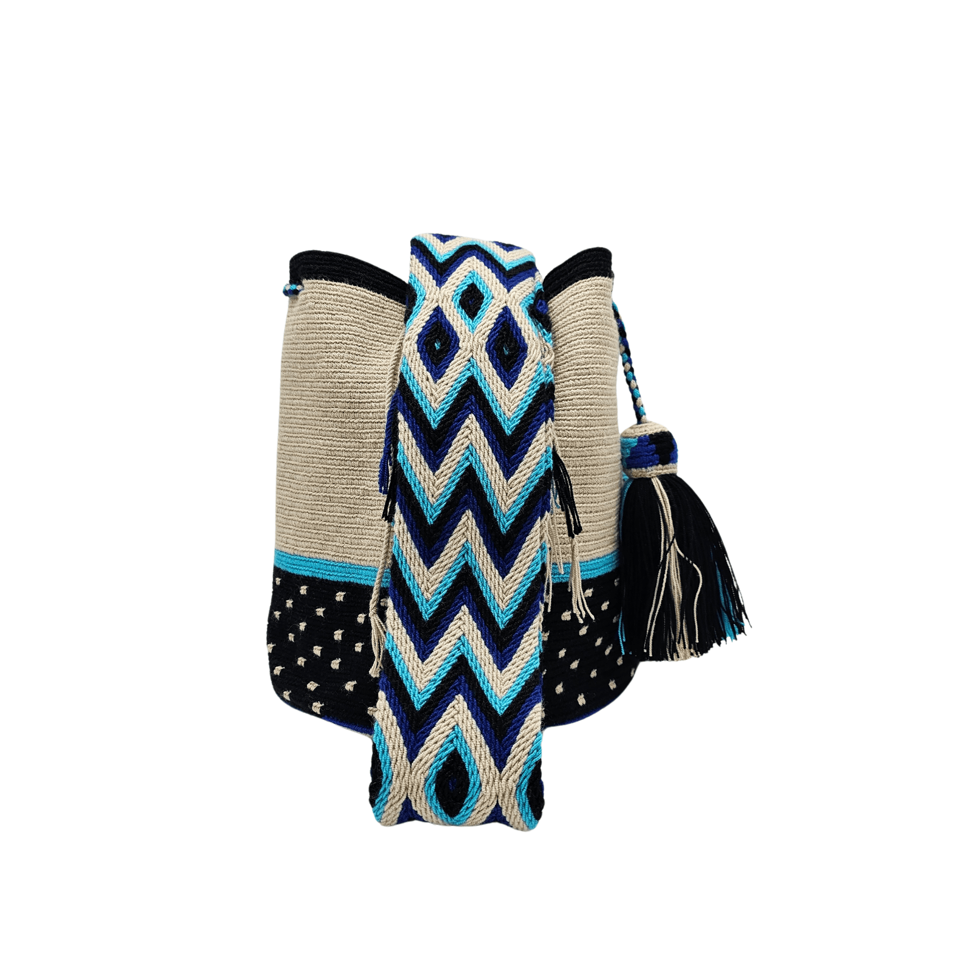 Handmade Wayuu bag by Wayuu artisans, this unique bag in black, beige and aquamarine tones is perfect for everyday use.