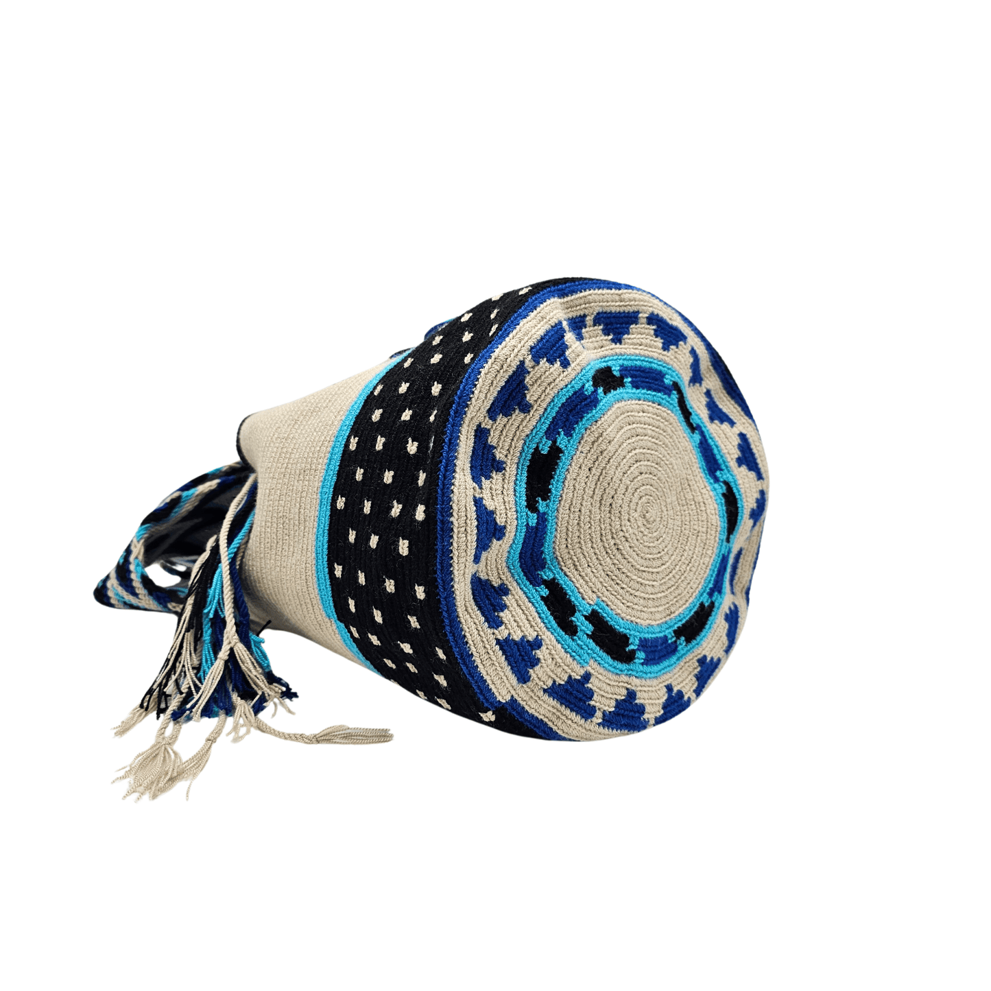 Handmade Wayuu bag by Wayuu artisans, this unique bag in black, beige and aquamarine tones is perfect for everyday use.