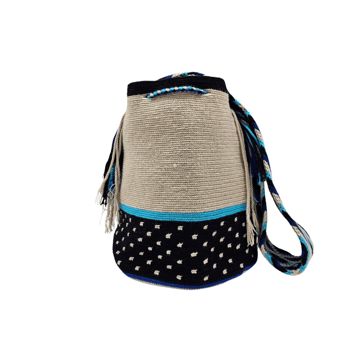 Handmade Wayuu bag by Wayuu artisans, this unique bag in black, beige and aquamarine tones is perfect for everyday use.