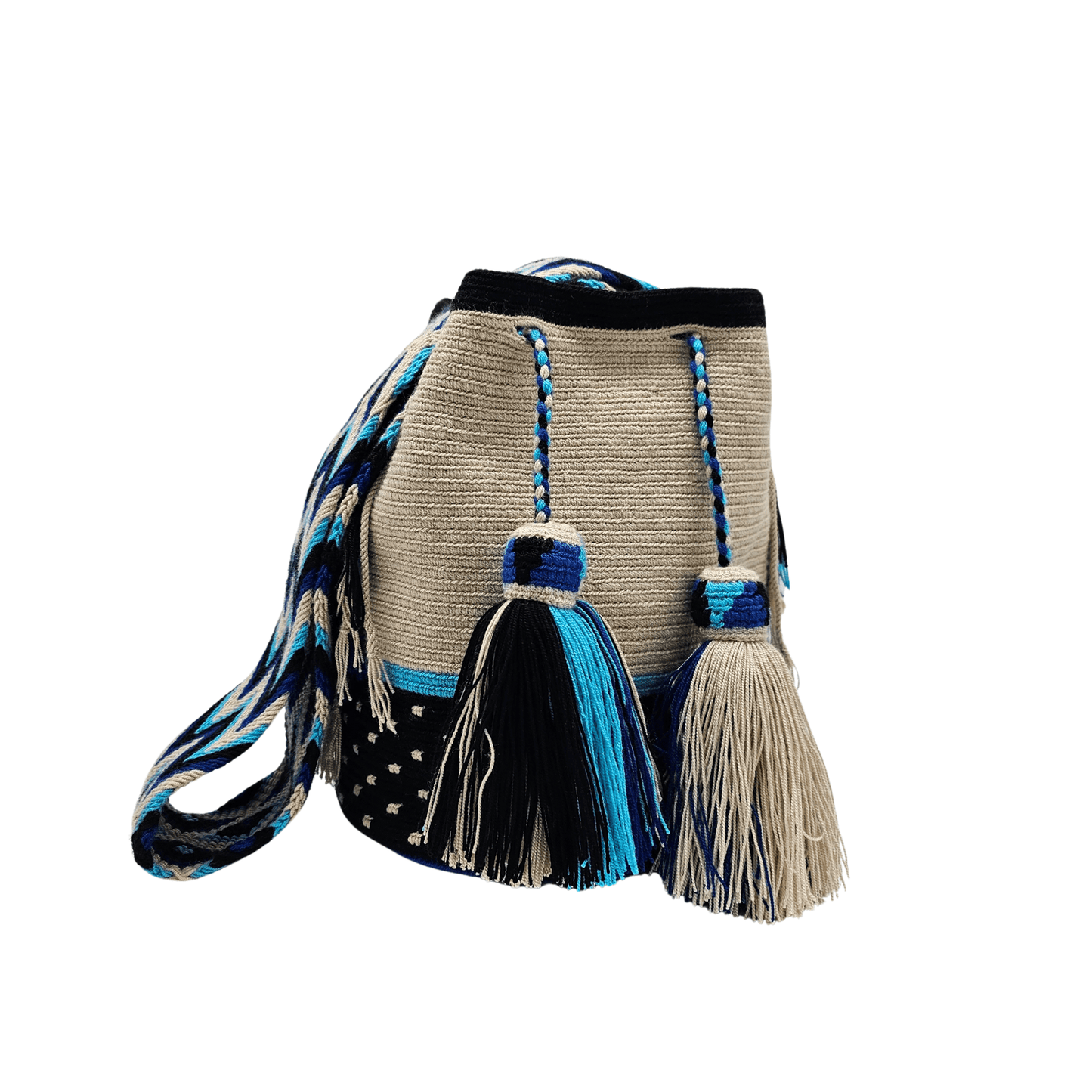 Handmade Wayuu bag by Wayuu artisans, this unique bag in black, beige and aquamarine tones is perfect for everyday use.