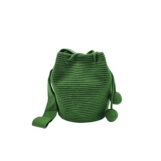 Medium-sized Wayuu bag in solid green color, featuring beautiful pom poms for drawstring closure.