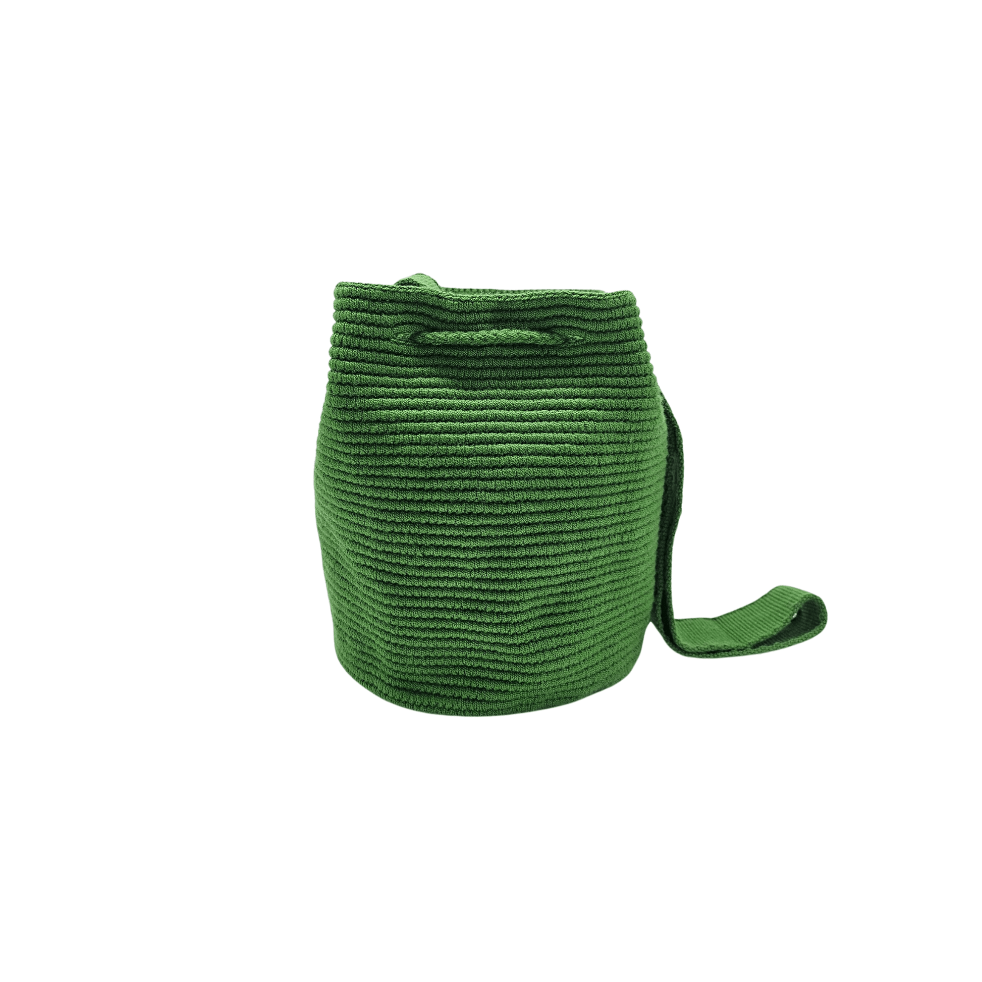 Medium-sized Wayuu bag in solid green color, featuring beautiful pom poms for drawstring closure.