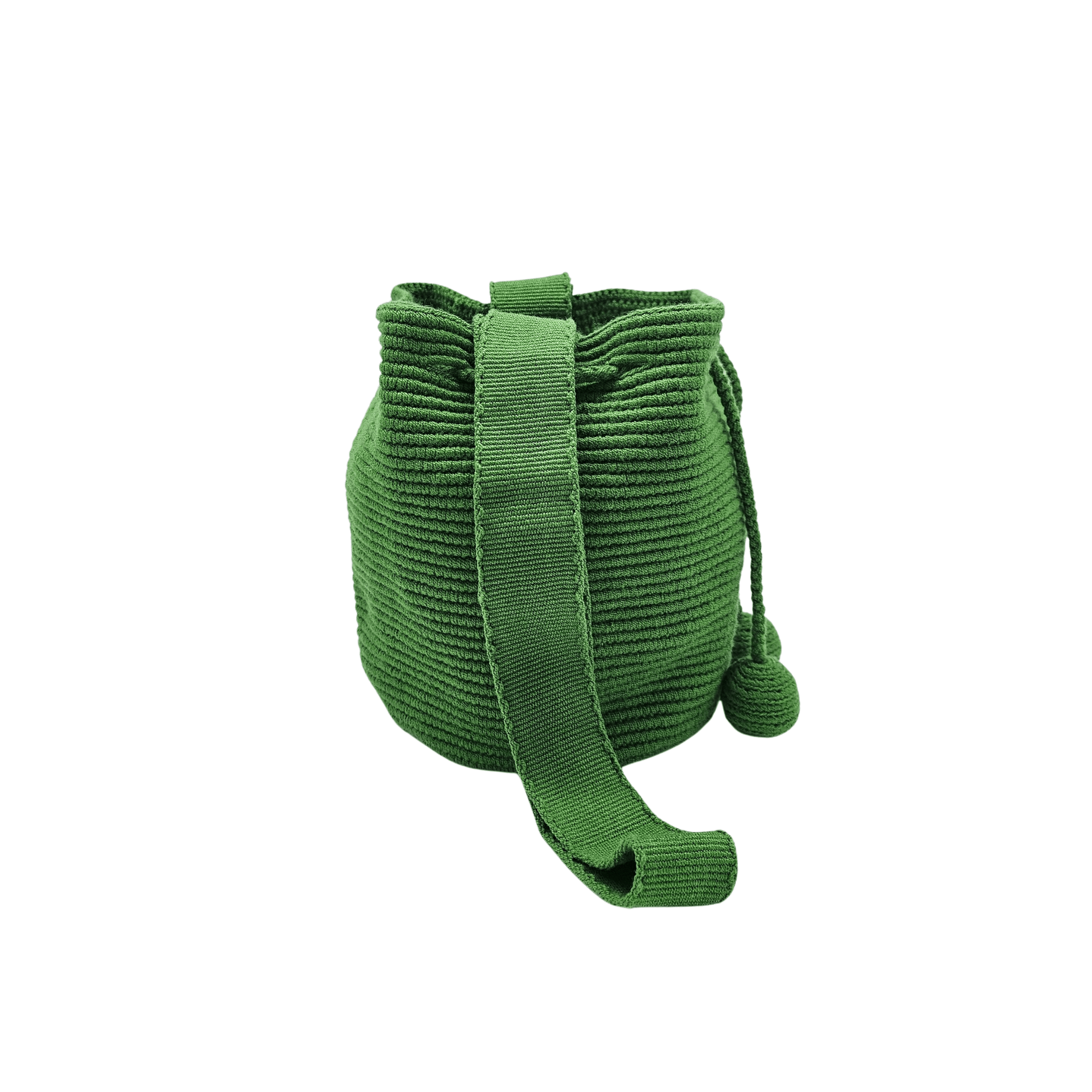 Medium-sized Wayuu bag in solid green color, featuring beautiful pom poms for drawstring closure.