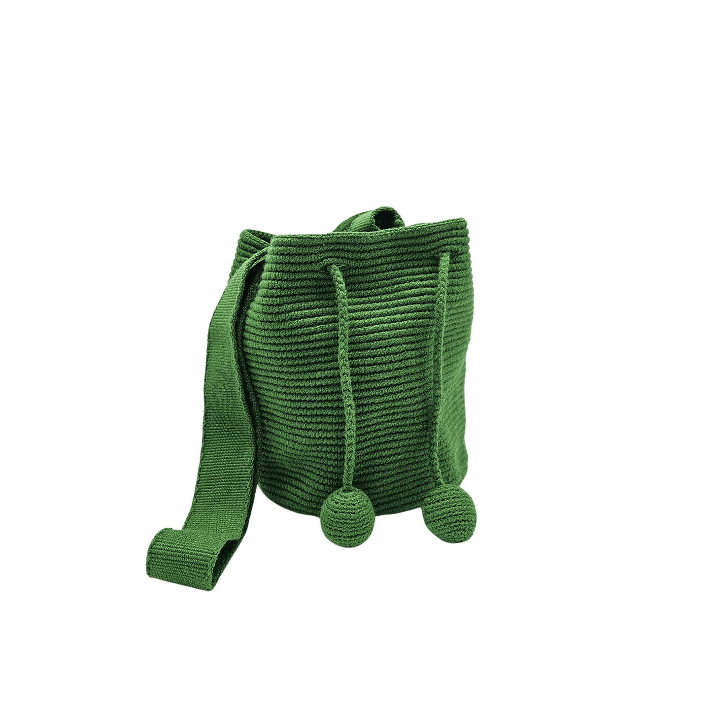 Medium-sized Wayuu bag in solid green color, featuring beautiful pom poms for drawstring closure.