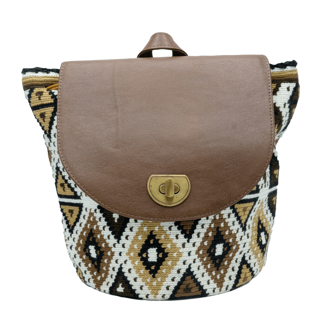 Cienaga backpack showcasing a distinctive Wayuu pattern on the body, accentuated by rich brown genuine leather details. The unique Wayuu designs are presented in an elegant blend of beige, brown, and black shades.