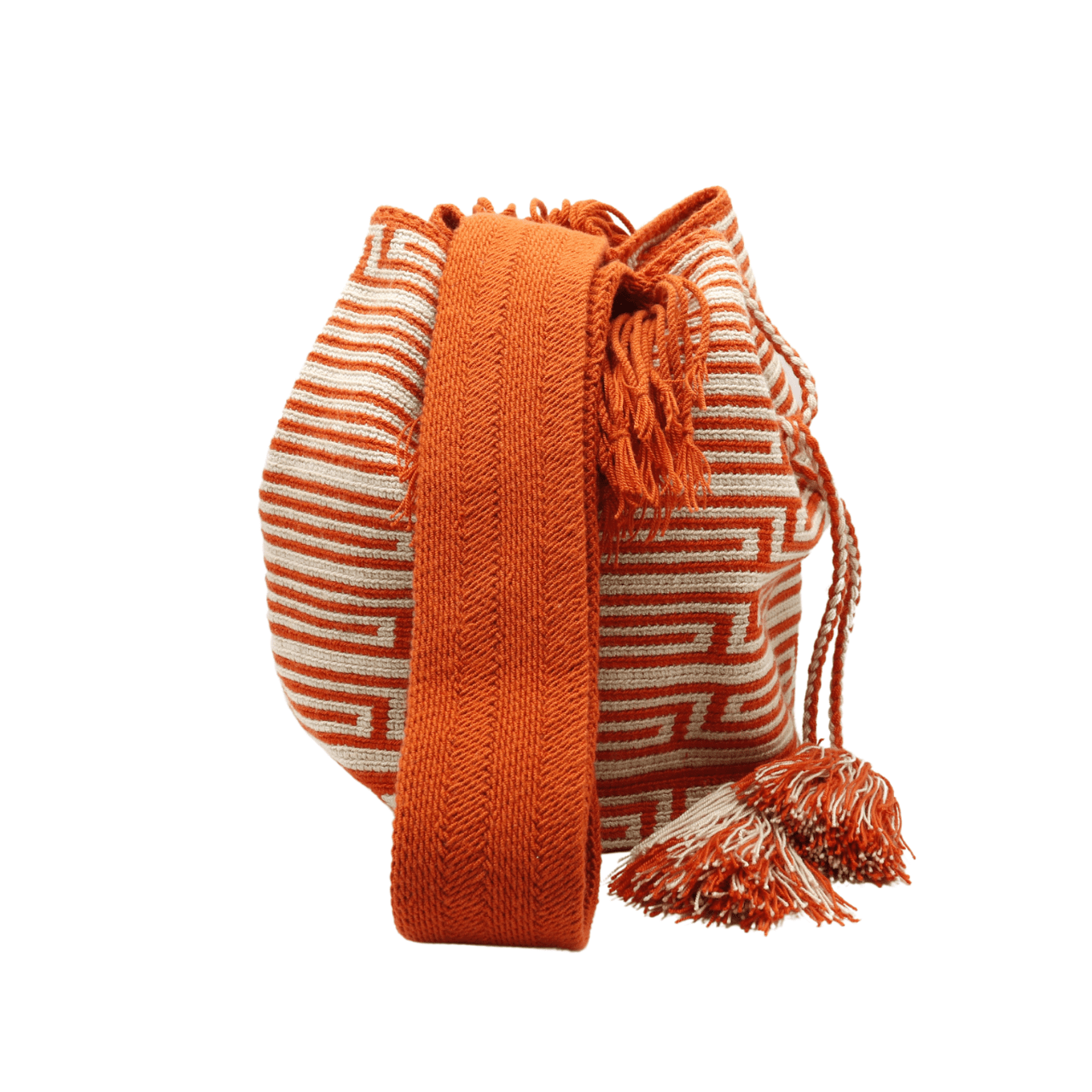 Salento Wayuu bag in vibrant tomato red and soothing beige, showcasing exquisite craftsmanship and vibrant colors