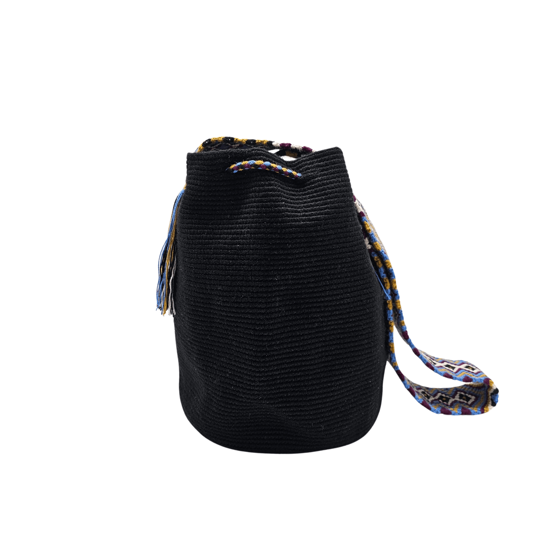 Solid black Wayuu bag with colorful macrame strap, perfect for everyday use by Origin Colombia.